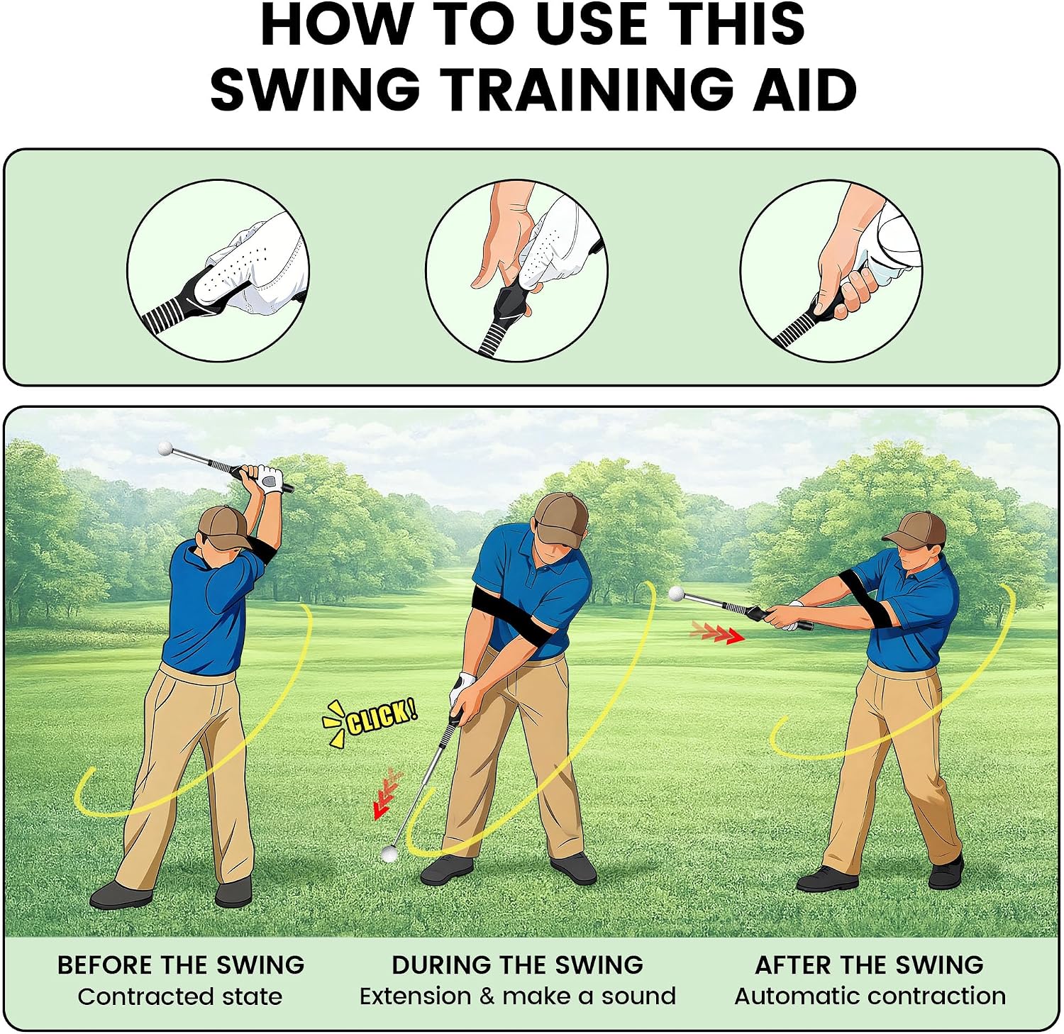 Retractable Golf Swing Training Aid,Golf Swing Trainer with Arm Band,Swing Mechanics for Beginners & Grip Correction & Swing Click Feedback,Right/Left