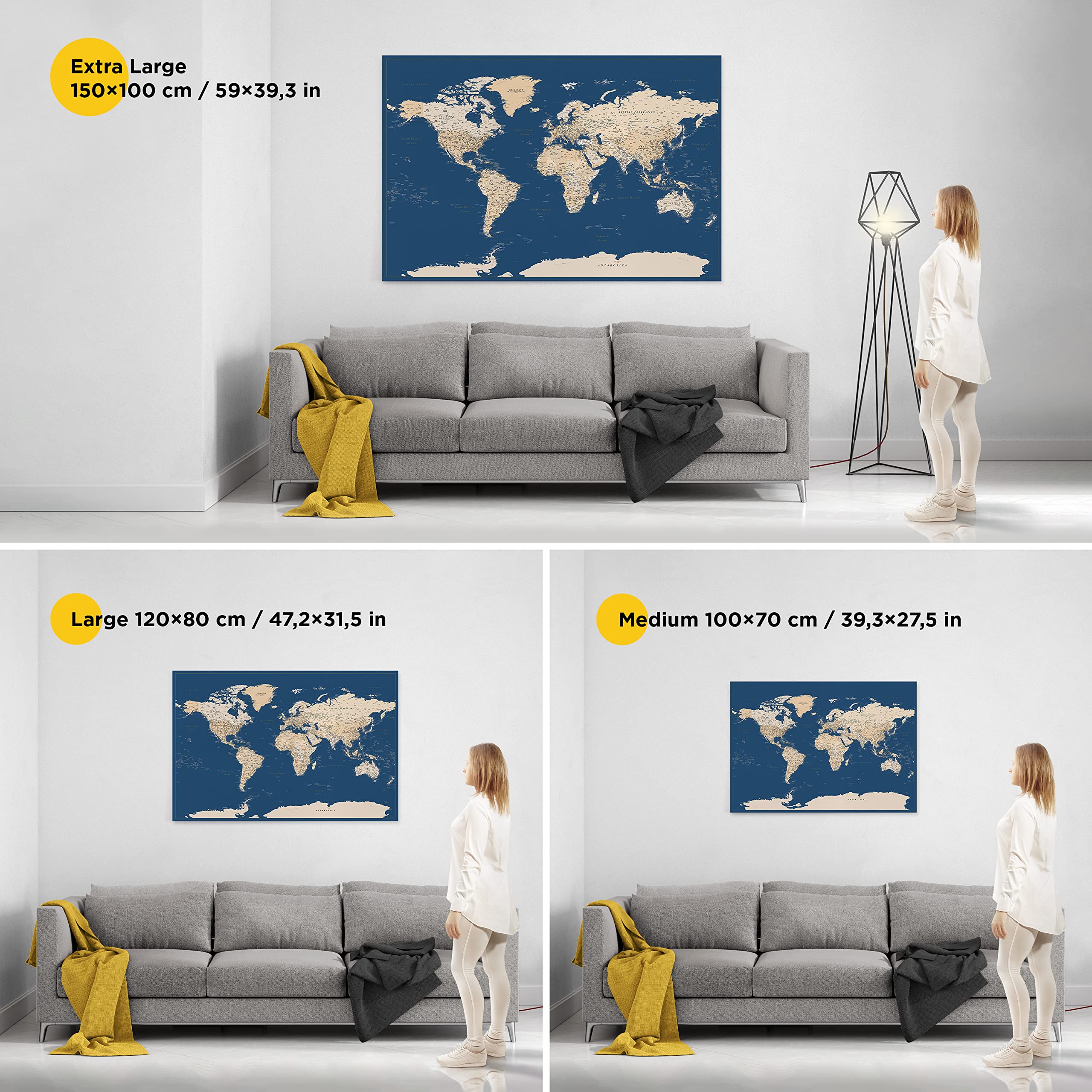 Trip Map Planisfero da Parete – Mappa del mondo - Quadro su tela incorniciato con 100 puntine incluse – Cartina geografica mondo in Blu Scuro - 3 dimensioni