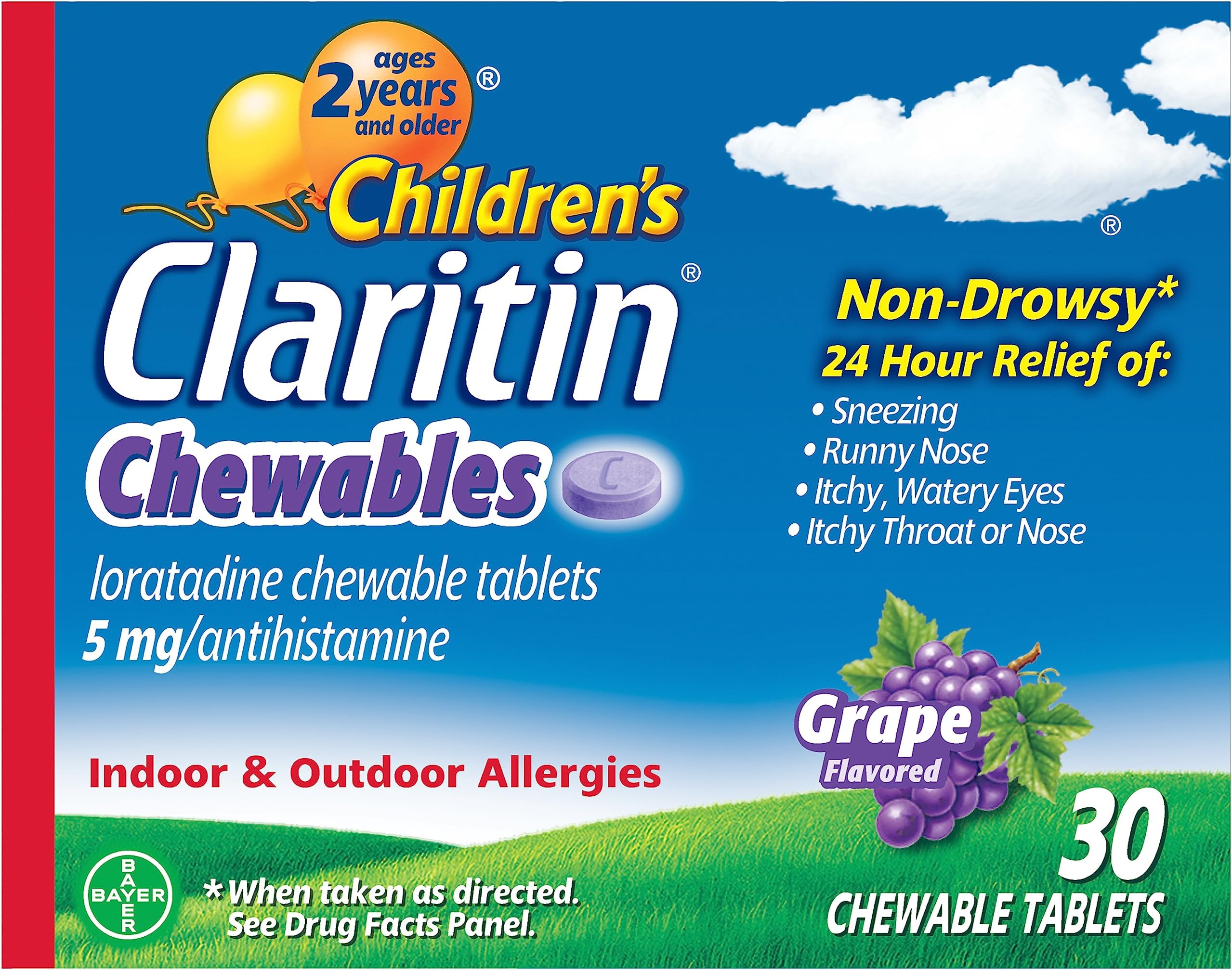 Claritin Children's Chewables 24 HR Children Allergy Medicine, Grape, 30 Count (Pack of 2)