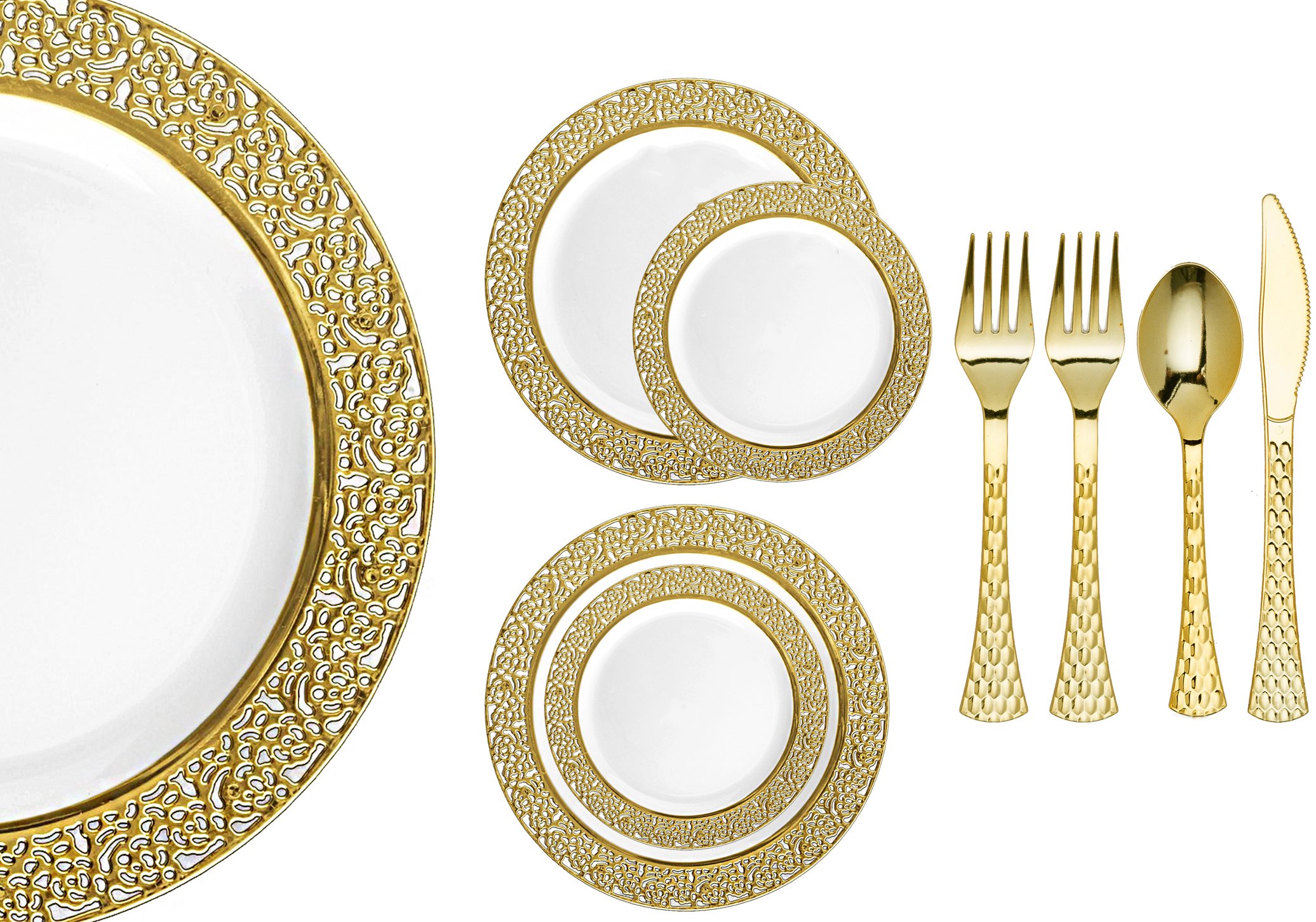 Gold Inspiration Collection Lace Plastic Plates and Gold Cutlery Party Package for 20 Persons, Includes 20 Lace Dinner Plates, 20 Lace Salad Plates, 40 Forks, 20 Knives, 20 Spoons