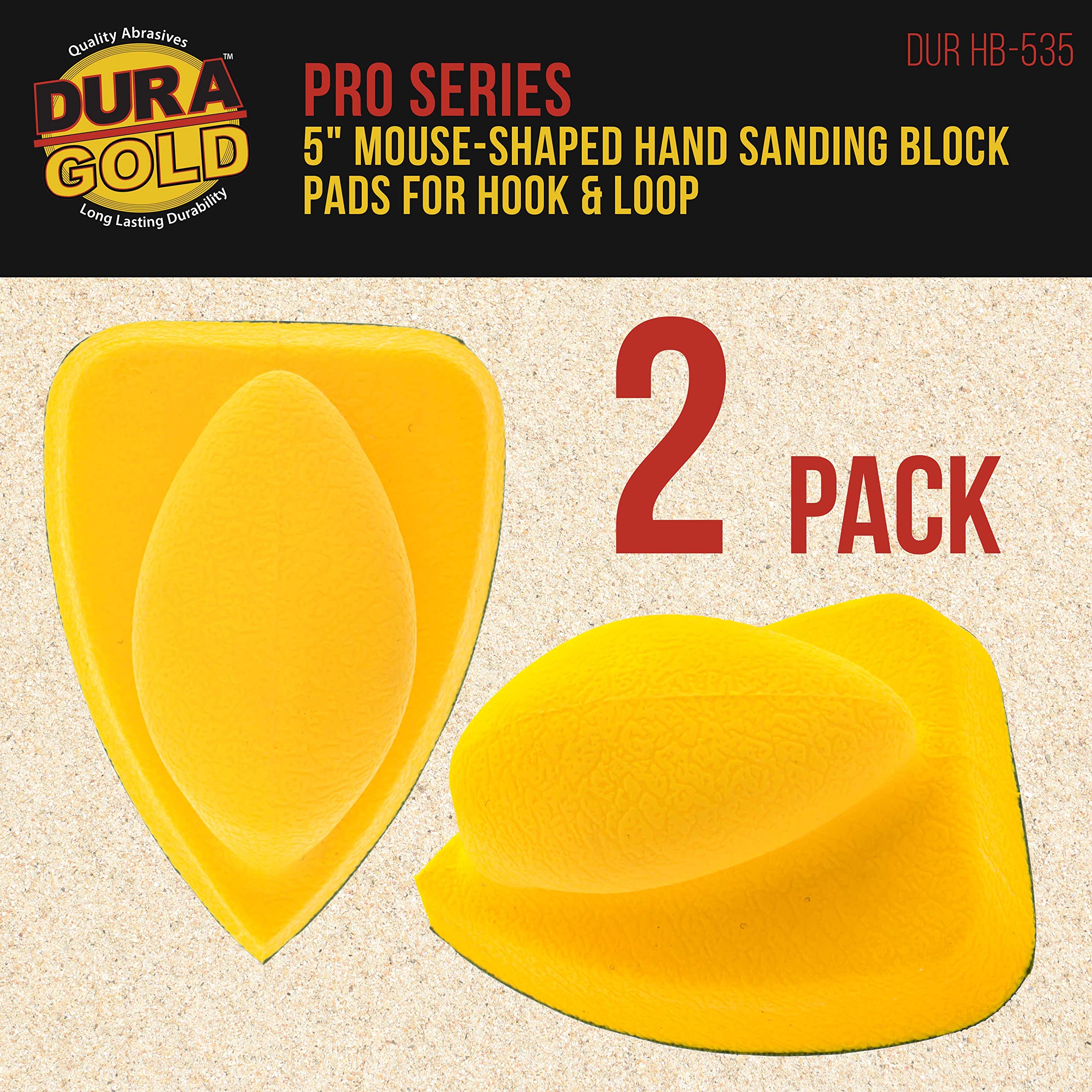 Dura-Gold Pro Series - Bloque de lijado a mano con forma de papel de lija para discos de lija de tamaño de ratón con velcro, paquete de 2, almohadilla de lijadora para preparación de pintura de