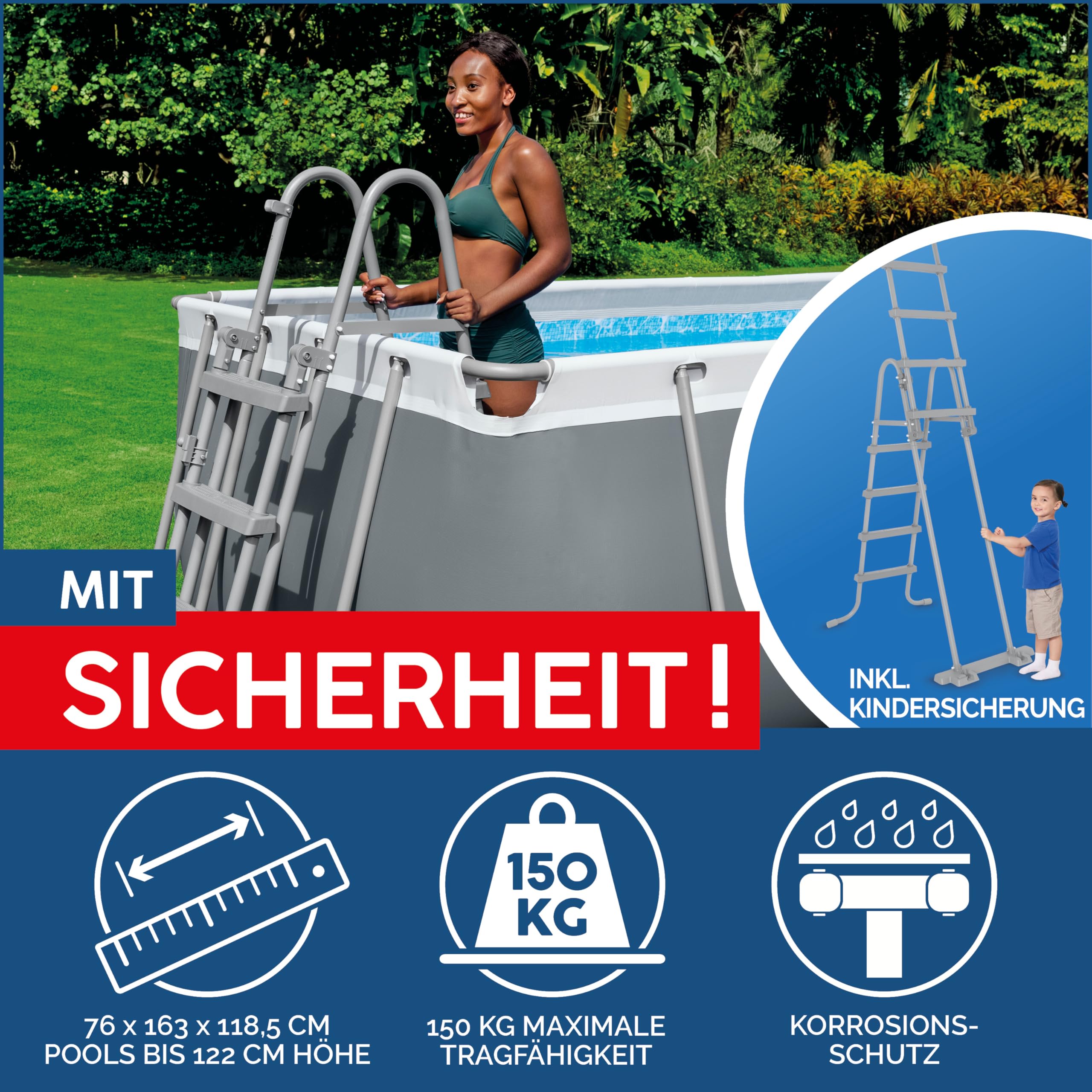Bestway Power Steel Frame Pool Komplett-Set mit Sandfilteranlage 488 x 244 x 122 cm, grau, eckig