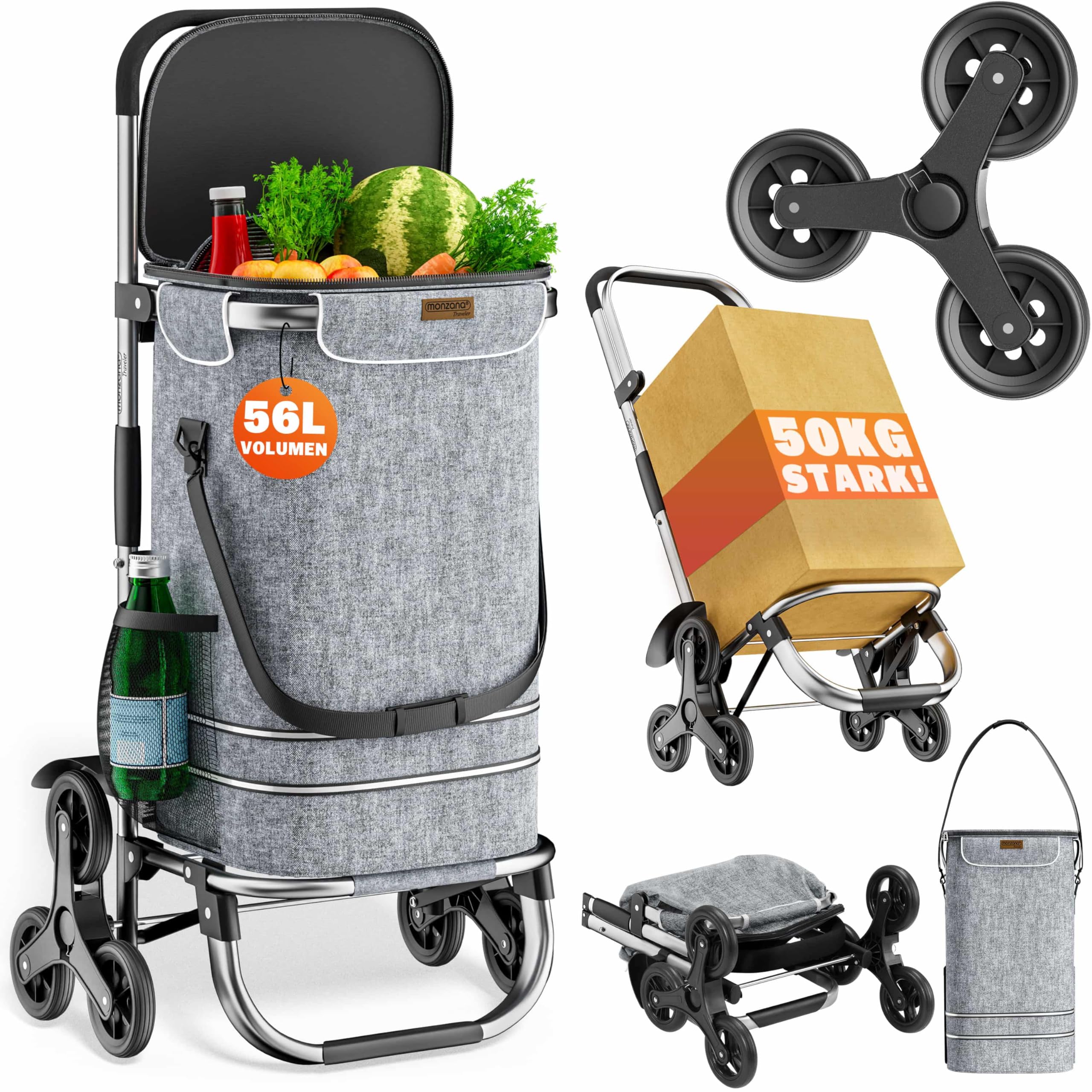 MONZANA Einkaufstrolley 3in1 – 56 L, 50 kg, klappbar, abnehmbare Tasche, 6 Rollen