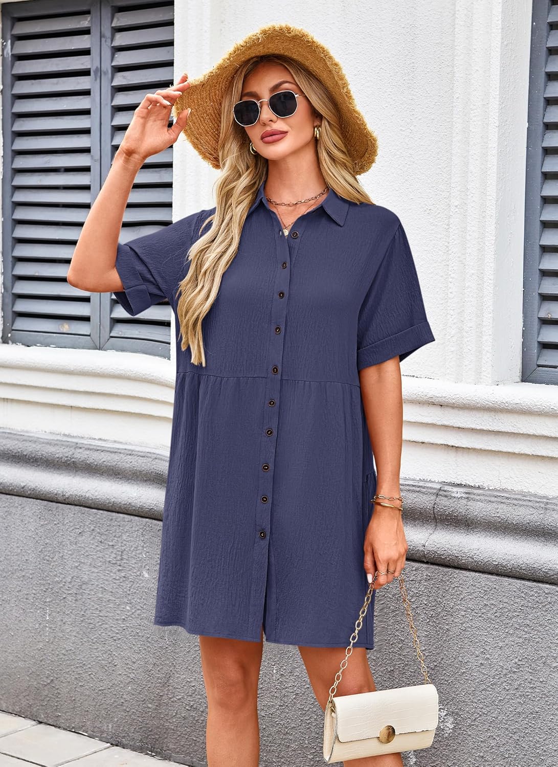 AUSELILY Women's Summer Babydoll Dress Casual Short Sleeve Sundress Button Down Dresses with Pockets - Image 5