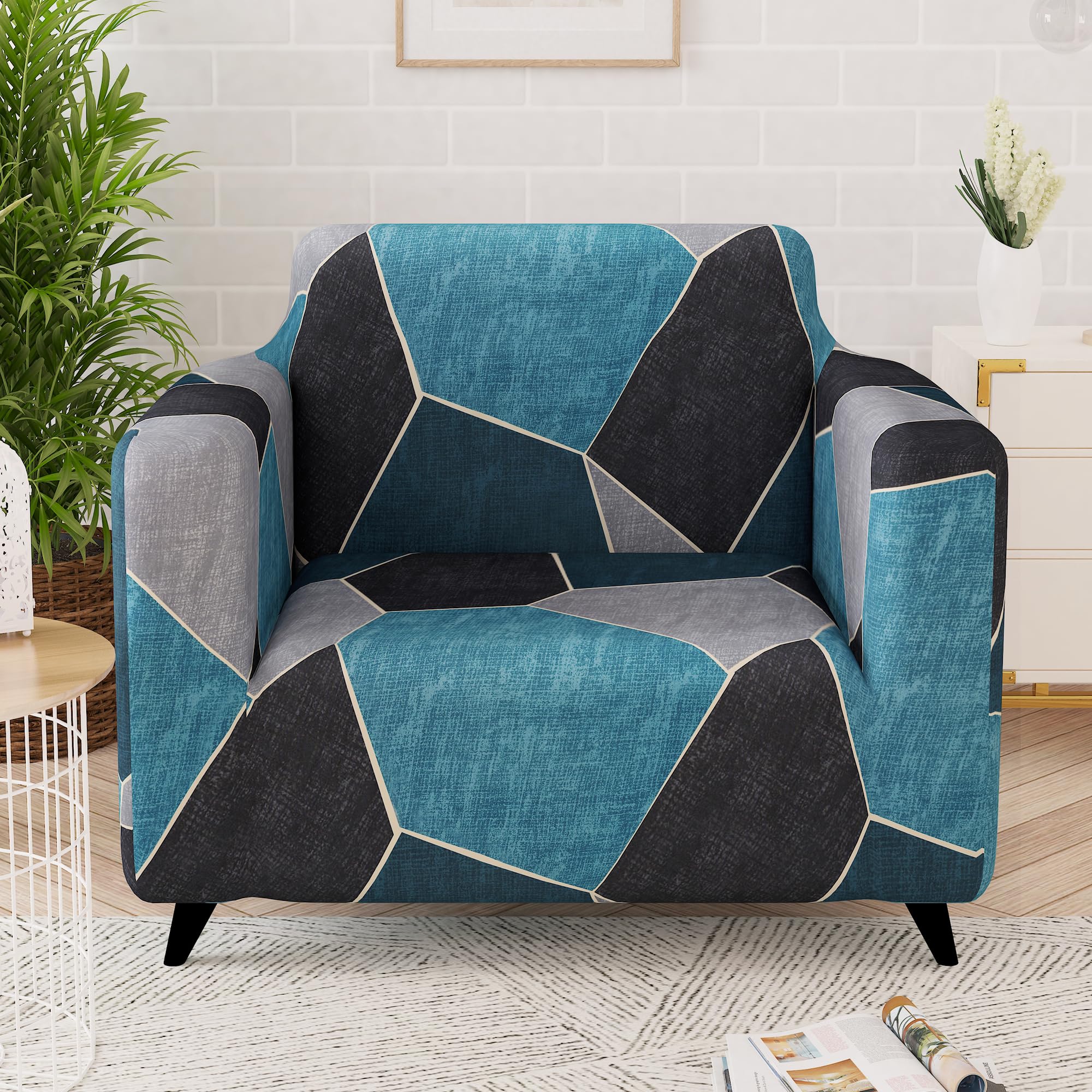 Story@Home Sofa Cover Fully Covered Stretchable Polyester Spandex Elastic Sofa Cover for Living Room & Create Customized Set (Navy Blue and Black, 1 Seater)-image-38