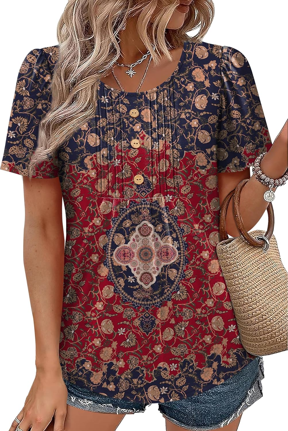 Womens Tops Dressy Casual Blouses Short Sleeve Shirts Plus Size Fashion Clothing Spring Summer Outfits Button Pleated Front - Image 2