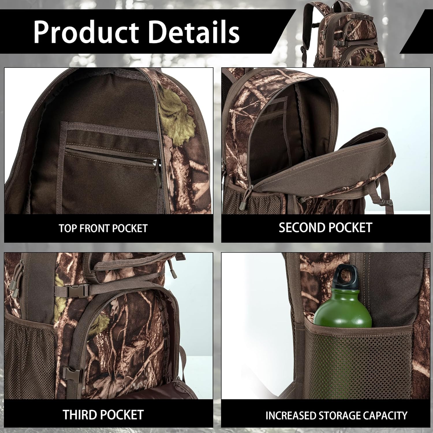 Hunting Backpack, Camo Outdoor Hunting Pack for Bow or Rifle with Holder, for Hunting, Camping, Hiking - Image 3