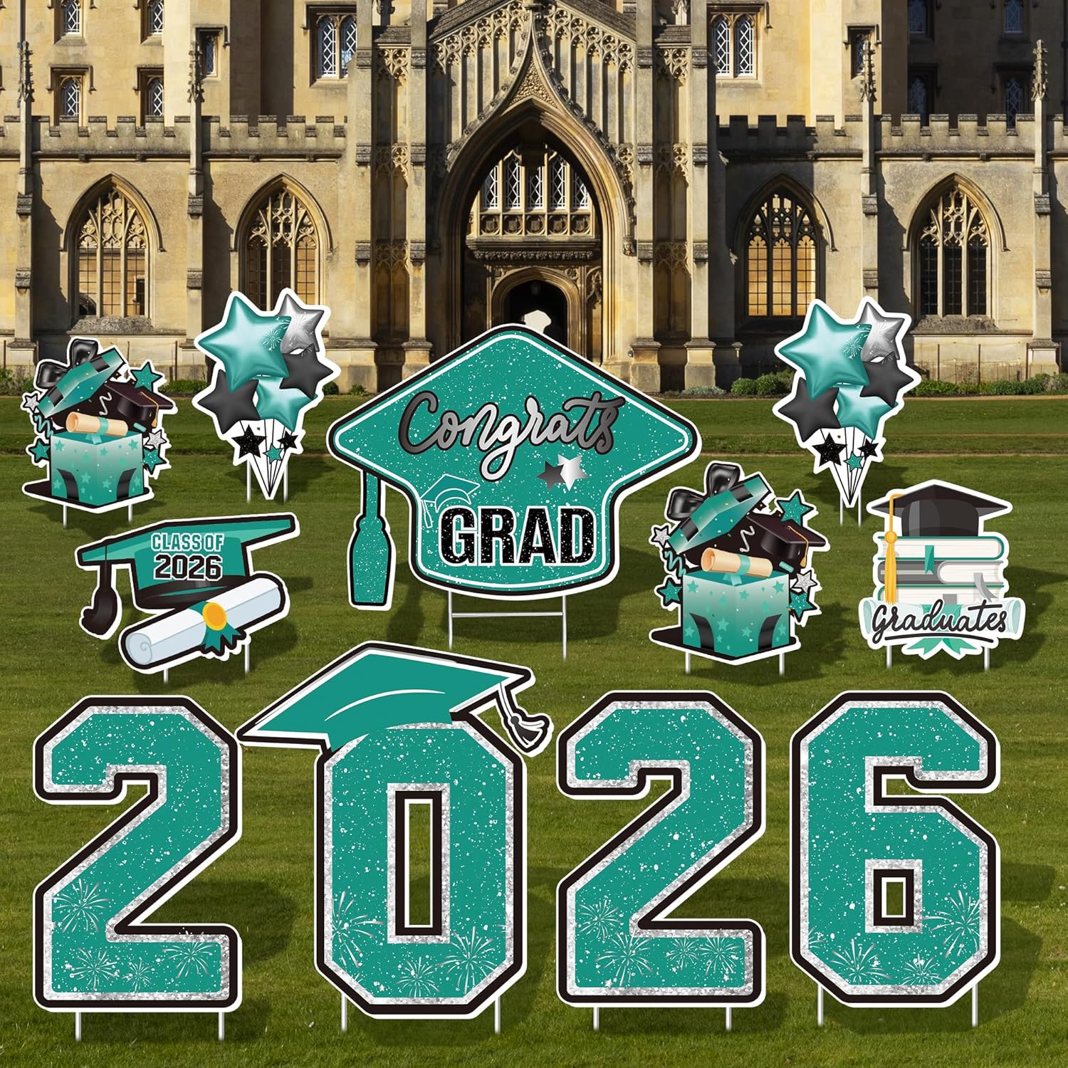Large 11 PCS Graduation Yard Signs, Class of 2026 Congrats Grad Outdoor Lawn Yard Sign with Stakes, Graduate Yard Decorations for College High School Party, Teal