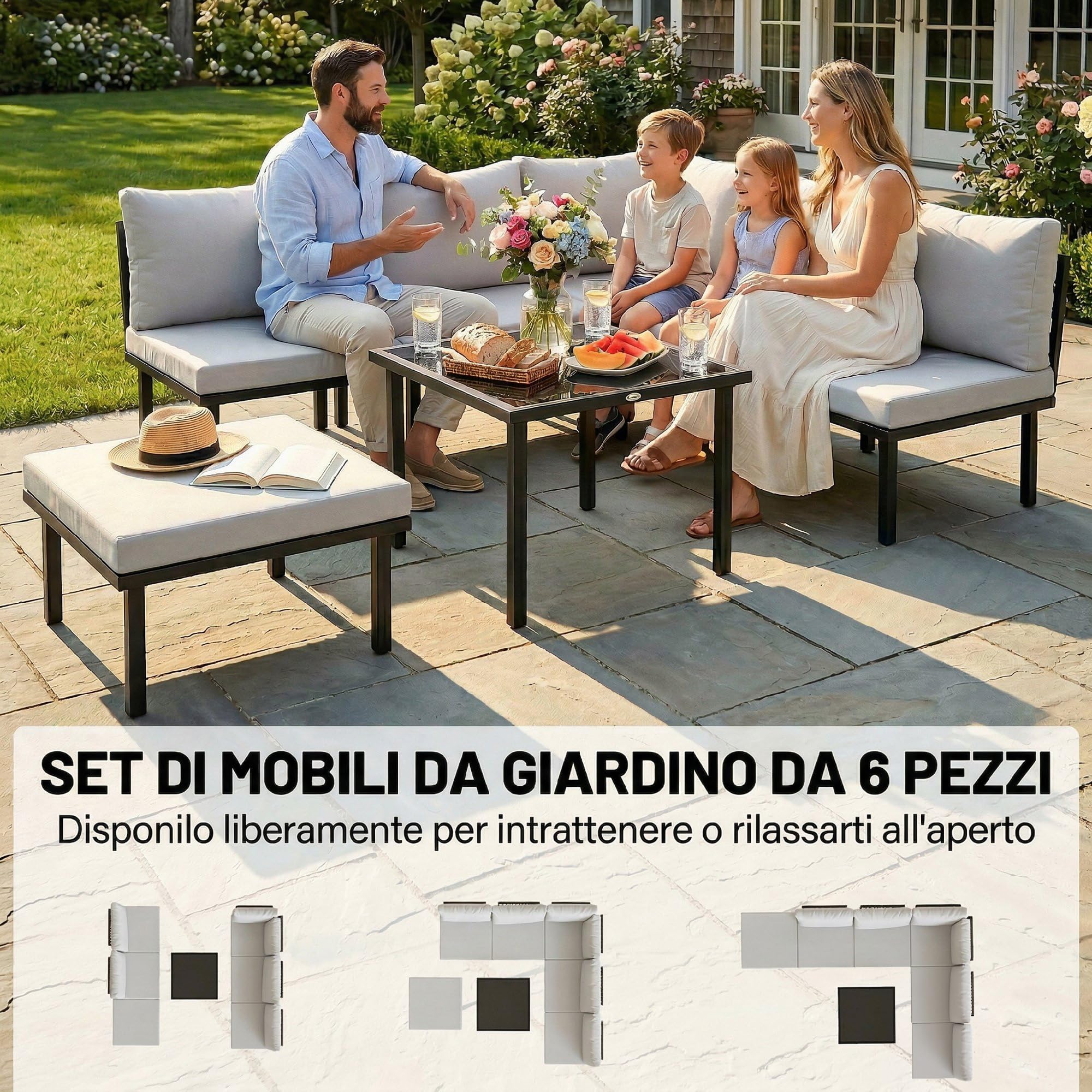 Outsunny Set Salotto da Giardino 6 Pezzi, Set di Mobili da Giardino Angolare con Divano 2 Posti, 3 Sedie, Poggiapiedi, Tavolino in Vetro, Cuscini, Salottino da Esterno ad L in Metallo, Grigio Chiaro