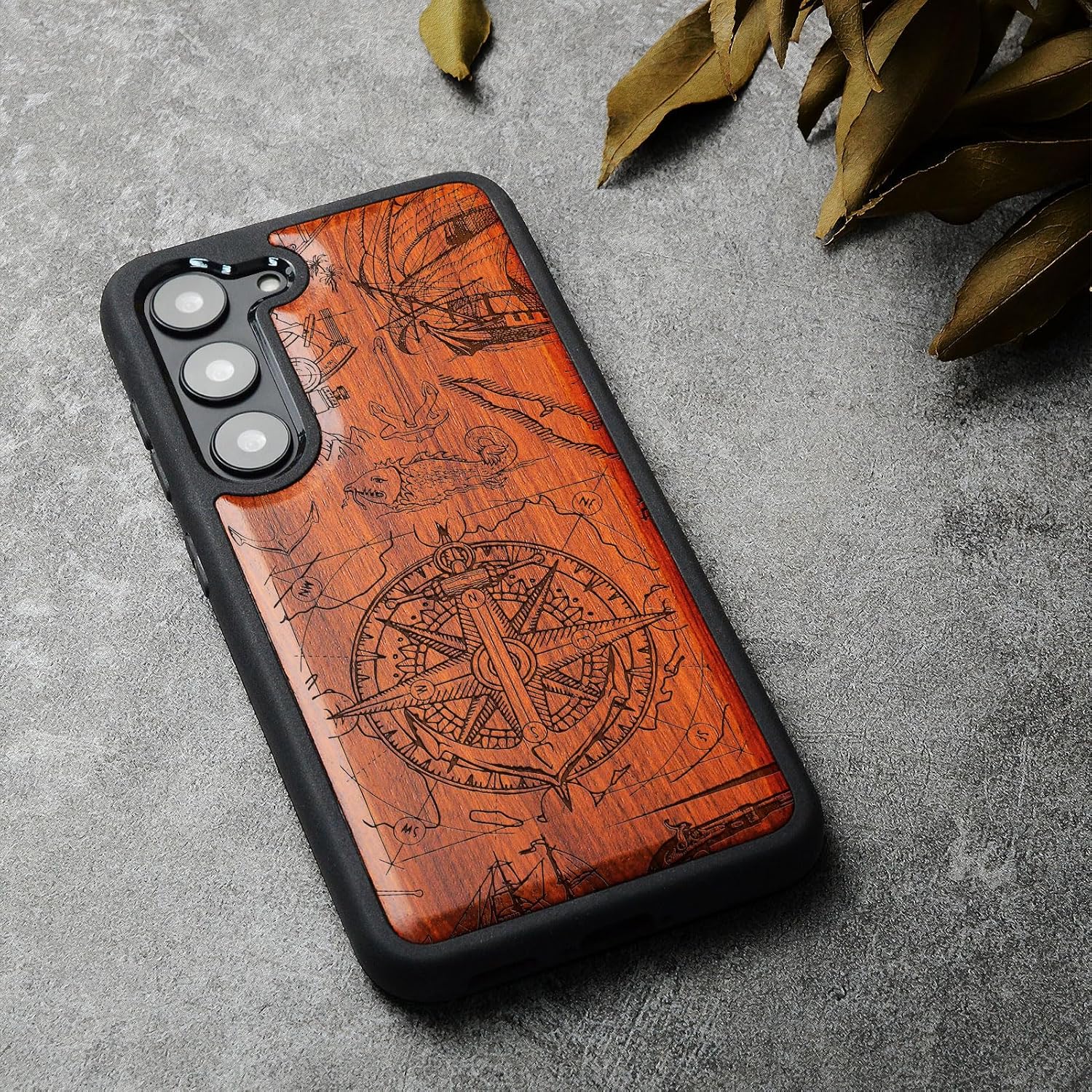 Carveit Wood Case for Galaxy S23 Case [Natural Wood & Black Soft TPU] Shockproof Protective Cover Unique Wooden Design Compatible with Samsung S23 (Vintage Marine Ensemble-Rosy)