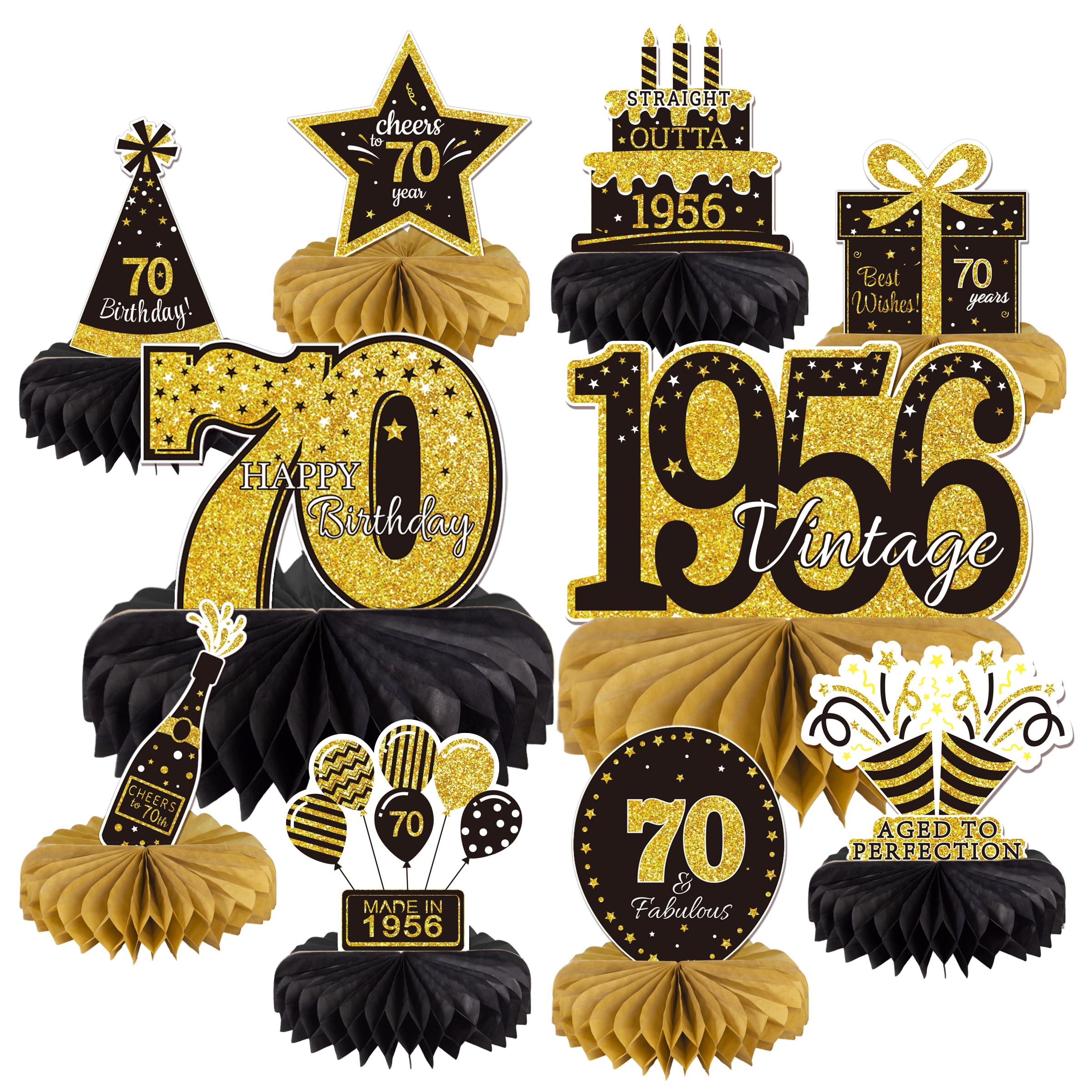 10PCS 70th Birthday Decorations Centerpieces for Table Decorations, 2026 Vintage 1956 Honeycomb Table Topper Back in 1956 Birthday Party Decoration for Men and Women (Gold &amp; Black, 70 Years)