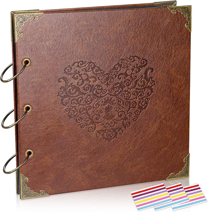 barsone Scrapbook Photo Album, 50 Pages (10x10") DIY Leather Photo Album Self Adhesive Pages Heart Cover Scrapbook, Baby Scrapbook Album Wedding Guest Book, School Memory Book