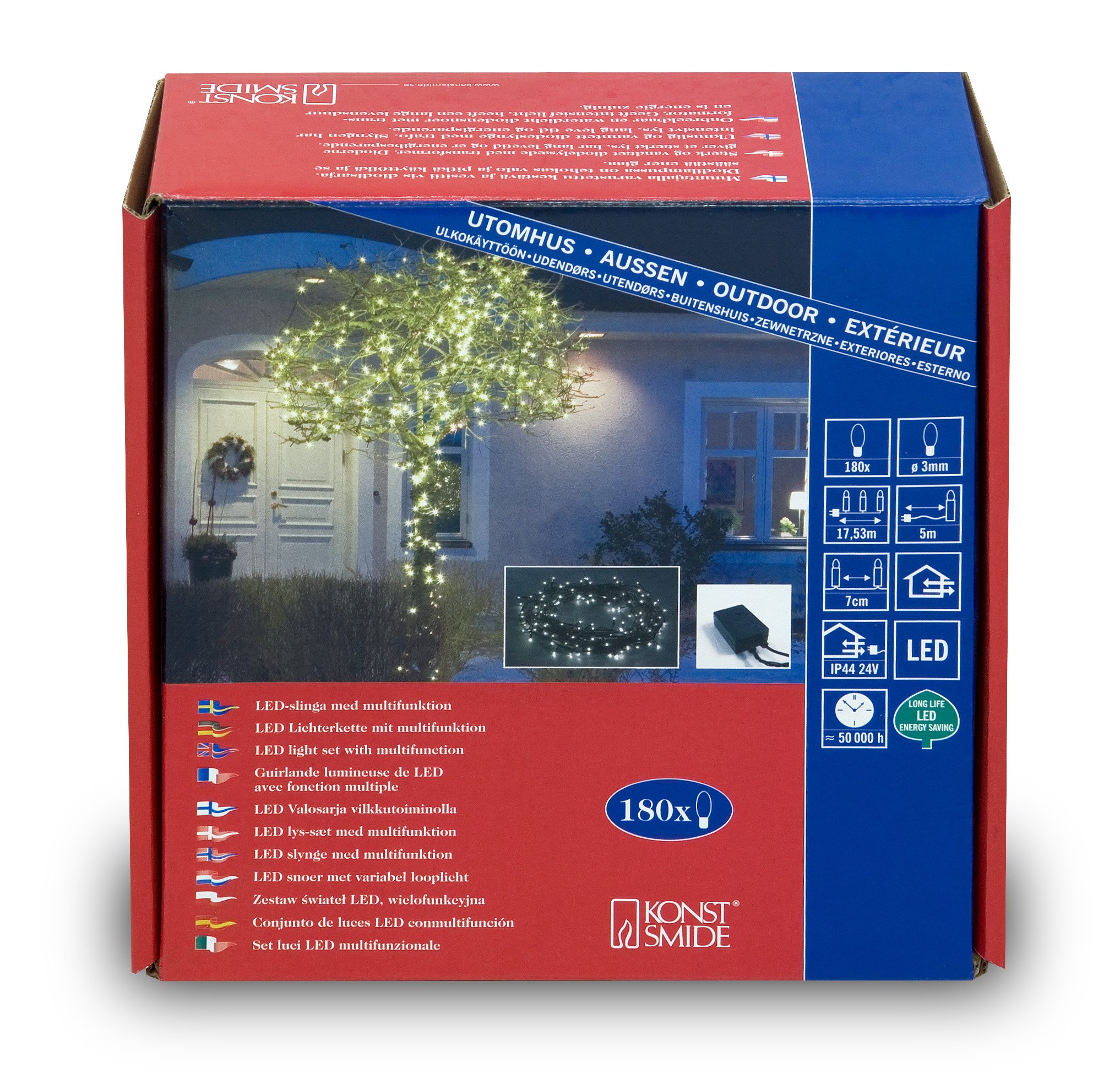 Konstsmide Micro LED Lichterkette, mit 8 Funktionen, Steuergerät und Memoryfunktion, 180 warm weiße Dioden, 24V Außentrafo, schwarzes Kabel - 3632-110