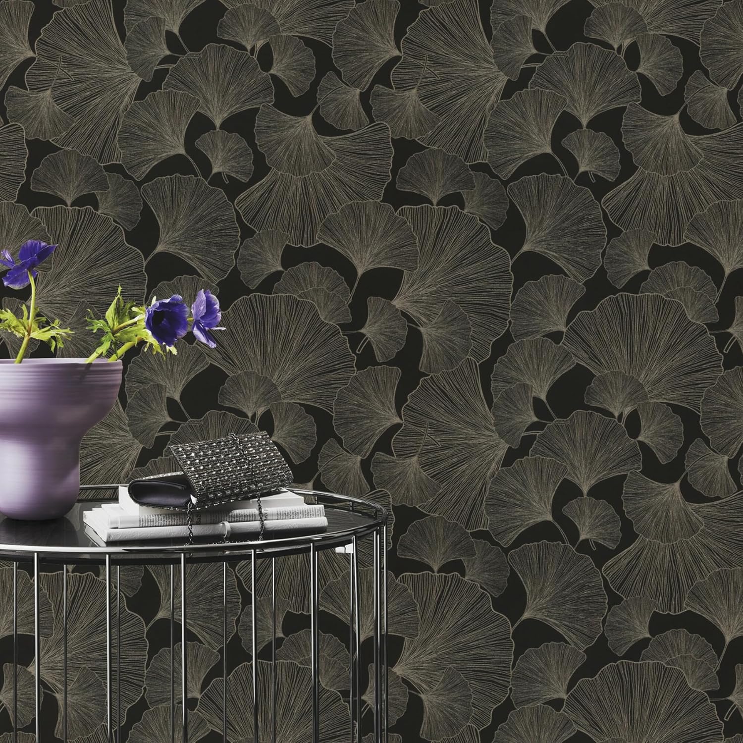 Rasch Waft Black Ginkgo Wallpaper