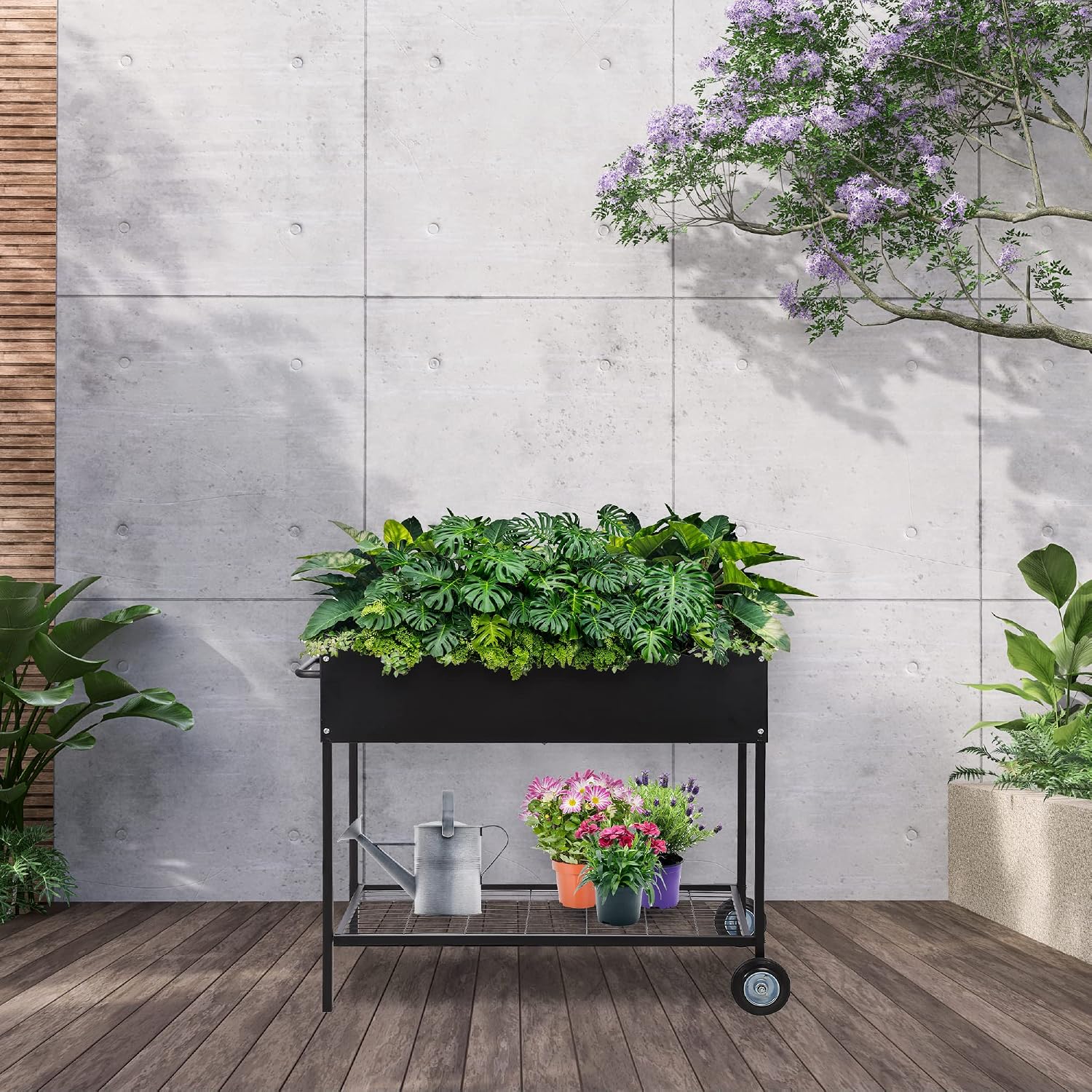 Raised Garden Bed Box with Wheels - Mobile Galvanized Steel Planter with Lower Shelf