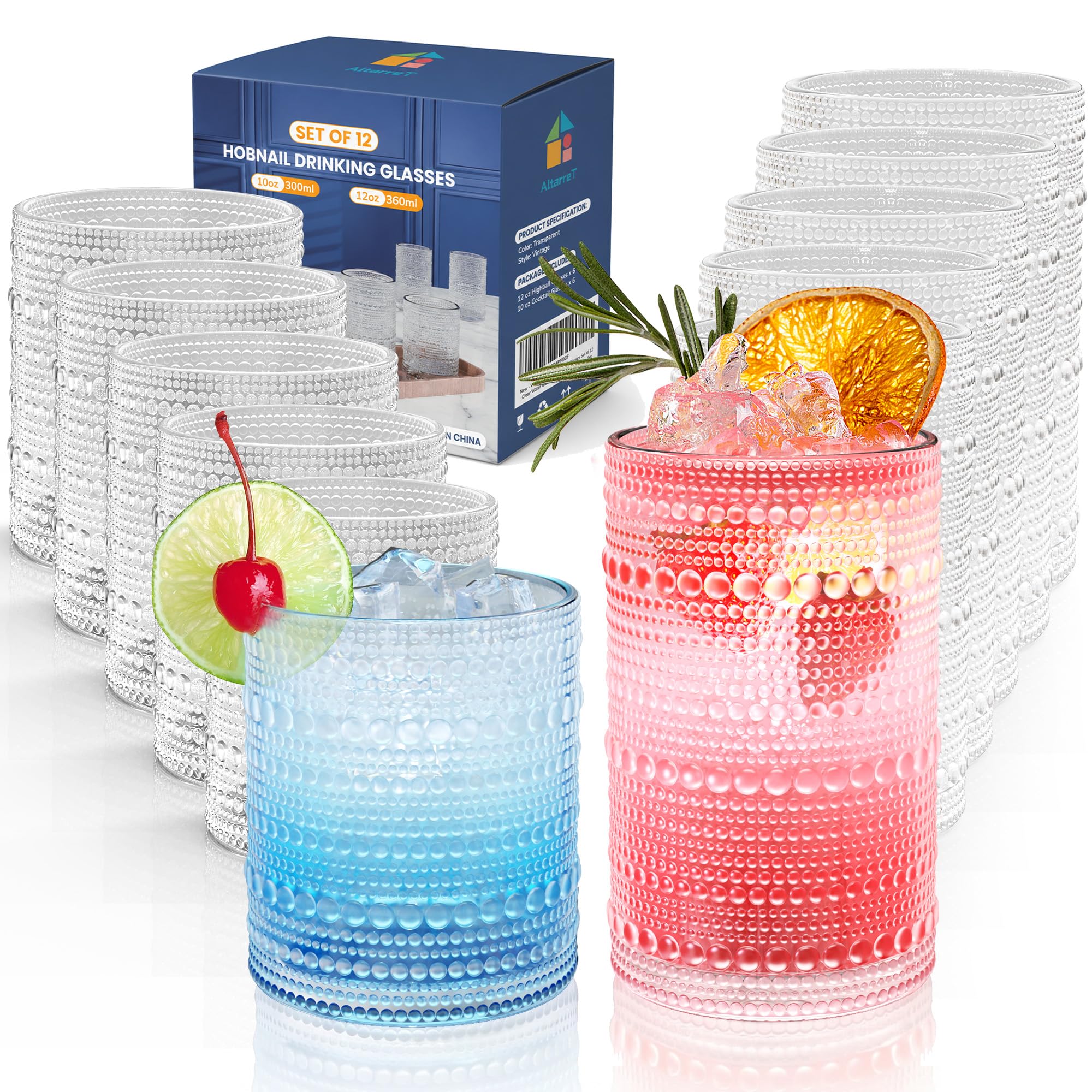 Photo 1 of Vintage Hobnail Drinking Glasses Set of 12, 12 oz Highball Glasses & 10 oz Cocktail Glasses, Embossed Glass Cups, Clear Water Glasses Kitchen Bar Glassware Set for Beer, Juice, Cocktail, Whiskey