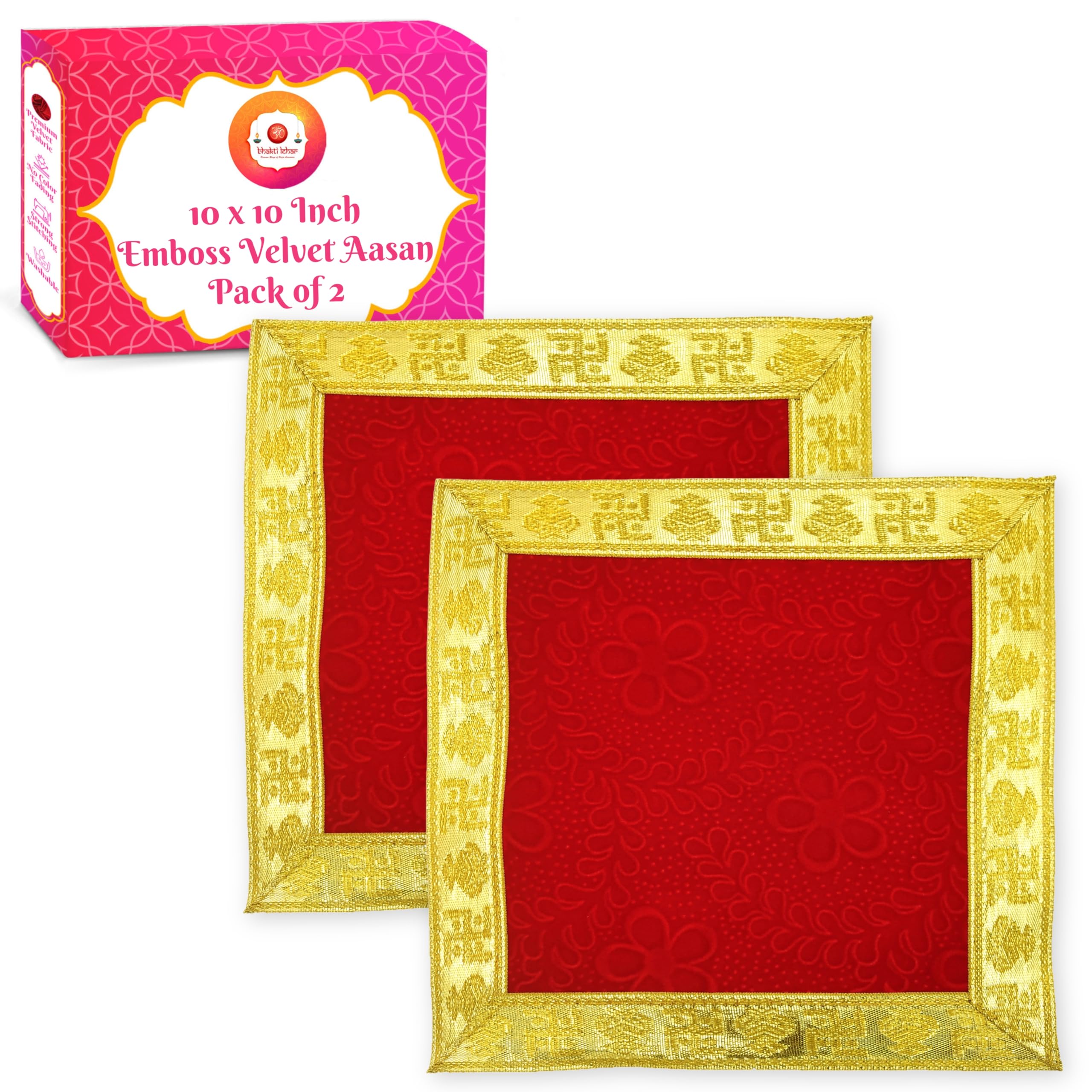 Bhakti Lehar (10 x 10 Inch) Floral Design Emboss Velvet Pooja Aasan Cloth for God Idol/Chowki Aasan Kapda for Home Mandir, Temple Shelf, Ganesh Baithak and God Idol Sitting - Pack of 2