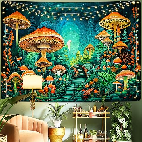 Livole Tapiz de hongos, tapiz de fantasía, tapiz de estrellas, tapiz de plantas y hojas, bosque encantado, para colgar en la pared para habitación
