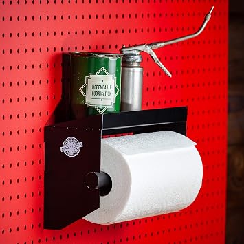 Pegboard Paper Towel Holder with Shelf, Peg Board Accessory Kit with Heavy Duty Peg Hooks, Black Pegboard Accessories Tool Holder Organizer