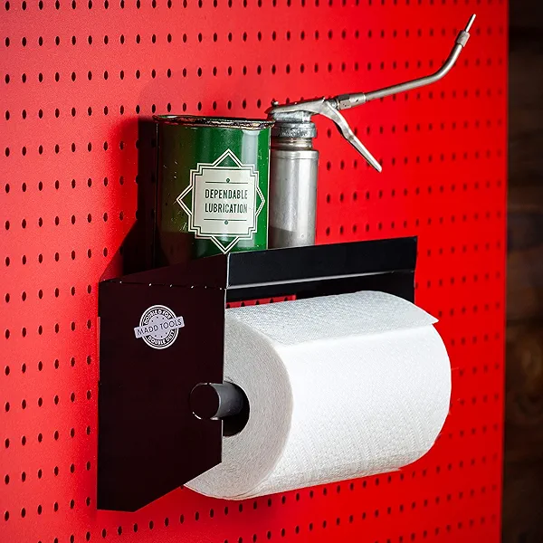 Pegboard Paper Towel Holder with Shelf, Peg Board Accessory Kit with Heavy Duty Peg Hooks, Black Pegboard Accessories Tool Holder Organizer