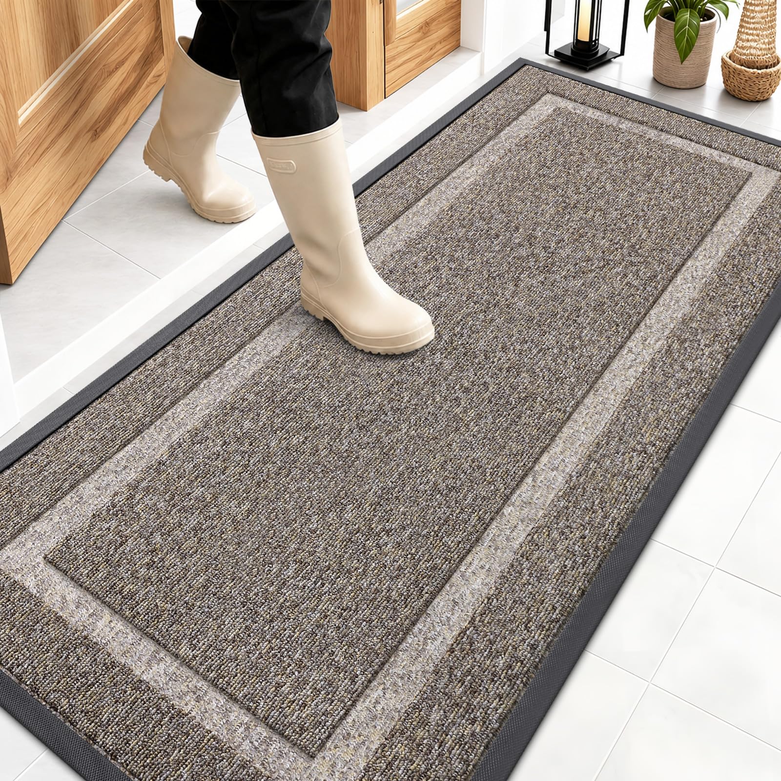 OLANLY Front Door Mat Outside 59x23, All-Season Heavy-Duty Rubber Doormat | Khaki and White, Absorbent, Stain and Fade Resistant, Non-Slip Backing, Low-Profile Indoor Outdoor Floor Mat for Entryway