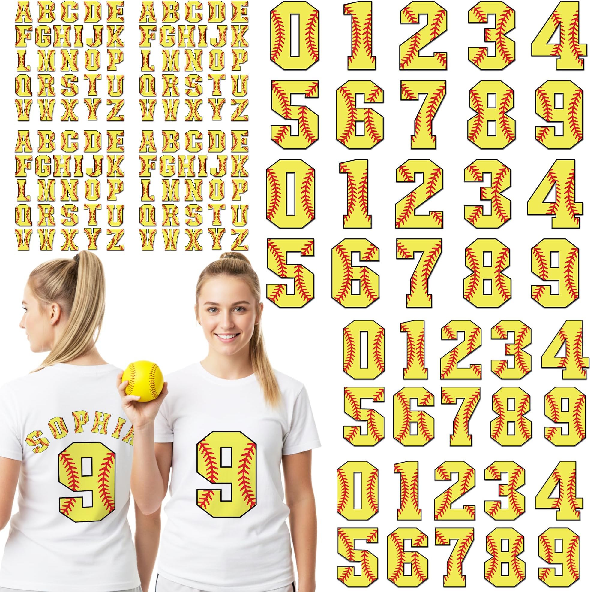Dazoratix Softball Iron on Transfers - 144 Pcs Letters and Numbers A-Z DTF Ready to Press 0-9 Heat Transfers Vinyl Stickers Decals for Sport Clothing T Shirts Clothes Hoodies Bag DIY Crafts Decoration