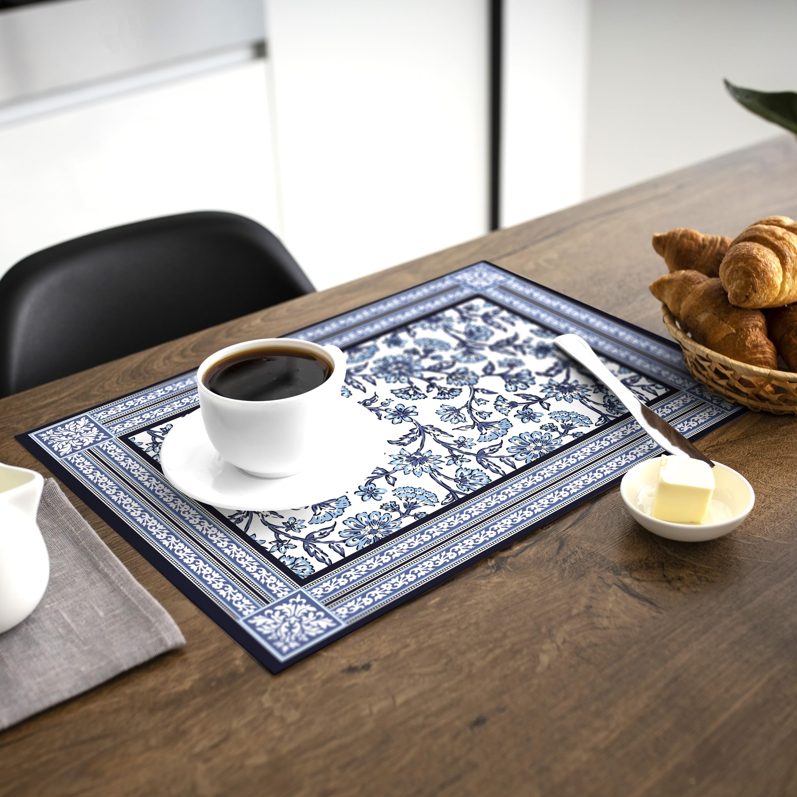 Encasa XO Dining Table Mats Set of 6 | Indigo-02 Block Printed Cotton Canvas Placemat - 46x32 cm | Jaipur Sanganeri Hand Print