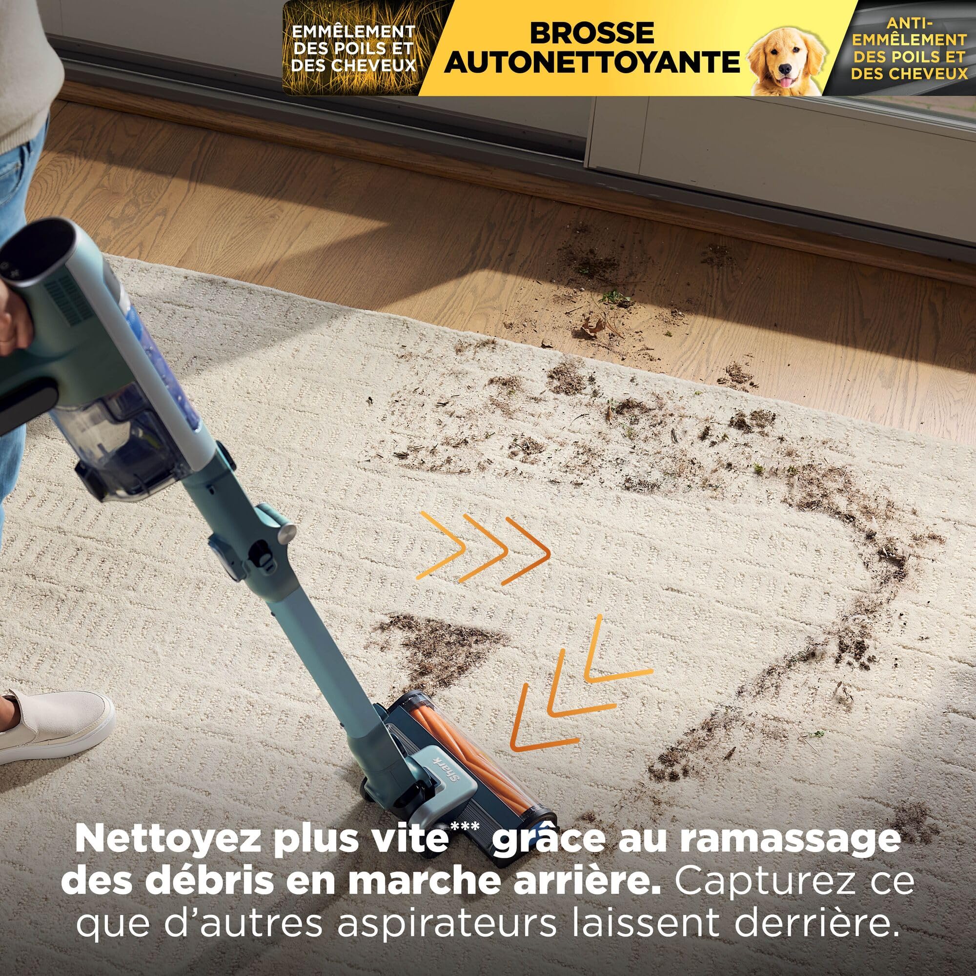 Shark PowerDetect Speed Clean & Empty, Aspirateur sans Fil, Aspiration en arrière, 60 Min d'autonomie, Station de Charge à vidage Automatique et Mini-Brosse motorisée pour Animaux IA3243FRT