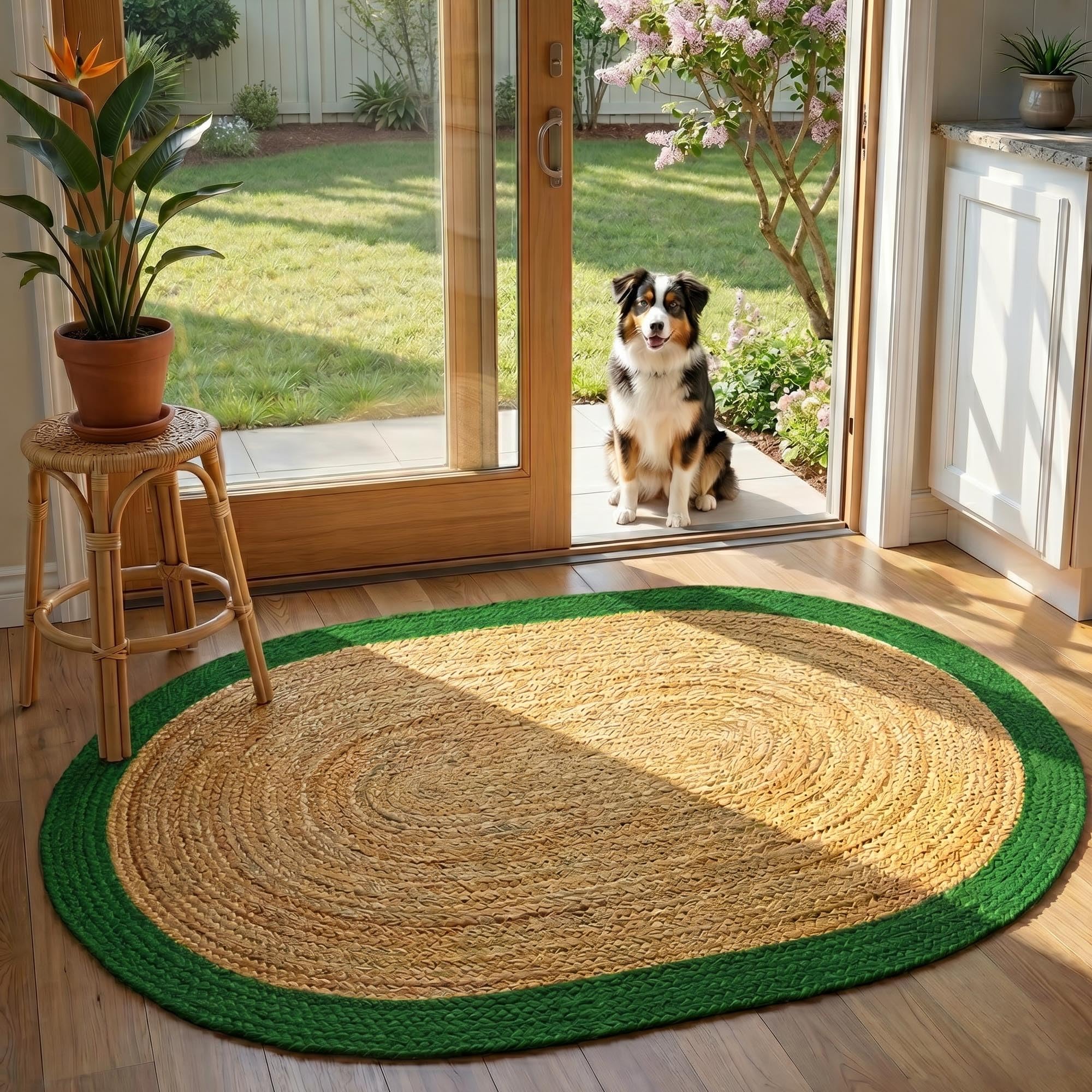 Tapis en jute naturelle tressé main de 0,7 cm d'épaisseur avec bordure ovale chic