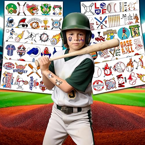 Miniatura 3 de 8 hojas (96 piezas) Tatuajes temporales de béisbol con temática deportiva para fiestas de cumpleaños, suministros de decoración de regalos para