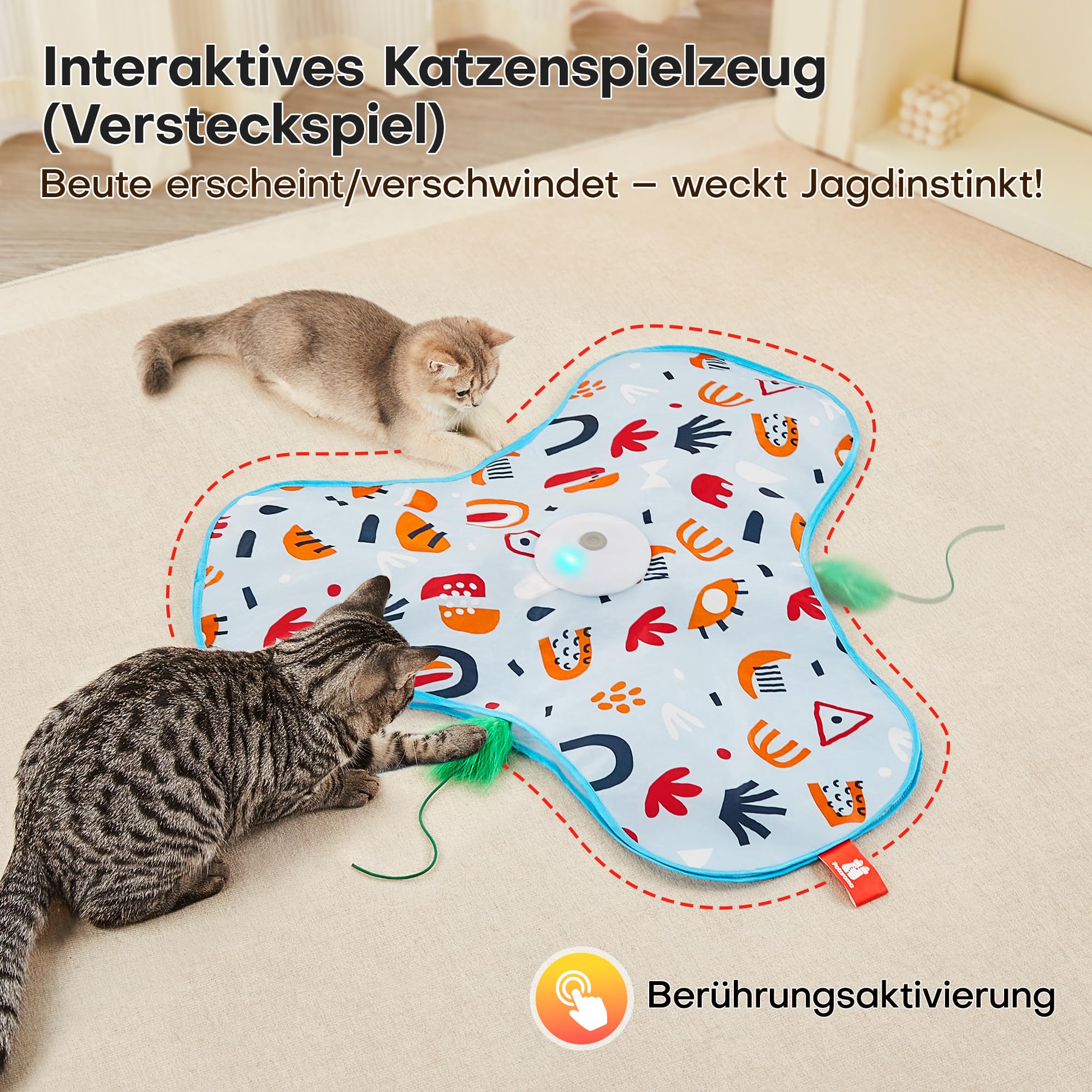 Potaroma Interaktives Katzenspielzeug mit Federautomatik - Wiederaufladbar, berührungsaktiviert mit Mausgeräuschen, ideales Bewegungsspielzeug für aktive Wohnungskatzen Blumenmuster-Abdeckung