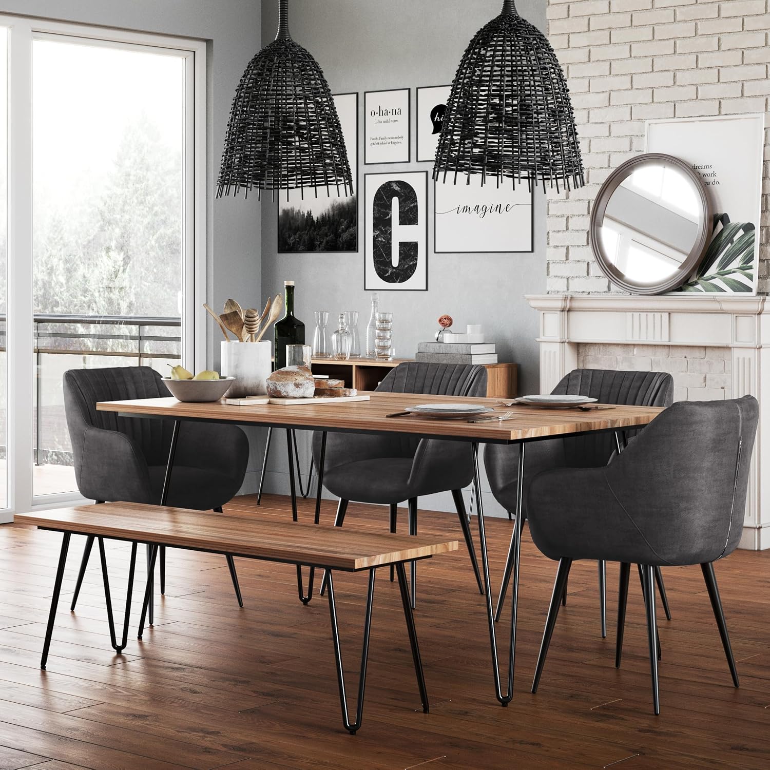 SIMPLIHOME Hunter Dining Table - 66 inch Wide Solid Mango Wood Table in Natural, Modern Industrial Style for Dining Room or Kitchen with Black Powder-Coated Iron Legs and Hairpin Legs, Seats 6