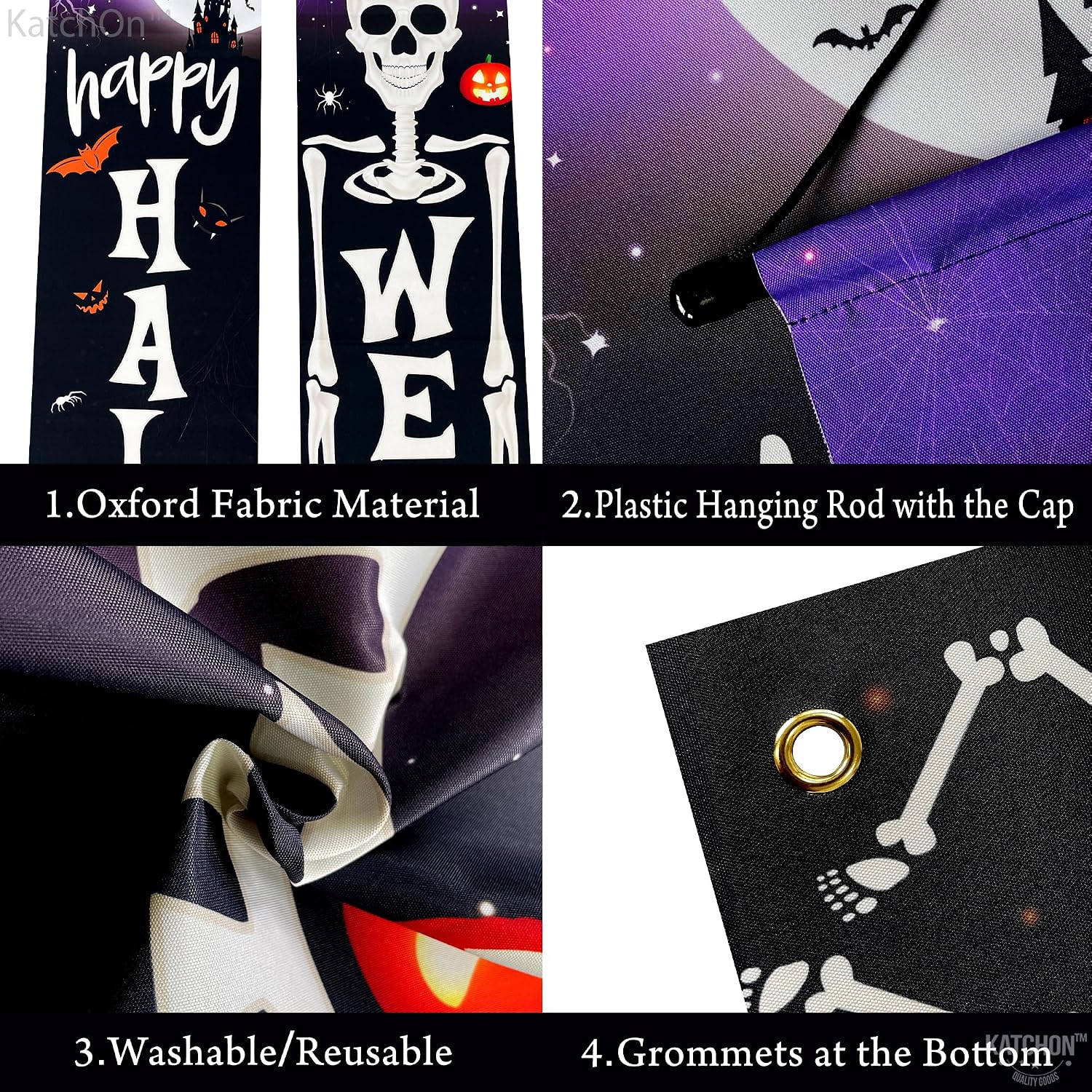 KatchOn Happy Halloween Door Banner - XtraLarge, 72x12 Inch | Purple and Black Banner for Halloween Decorations Outdoor Parties | Trick or Treat Porch Sign | Scary Decorations