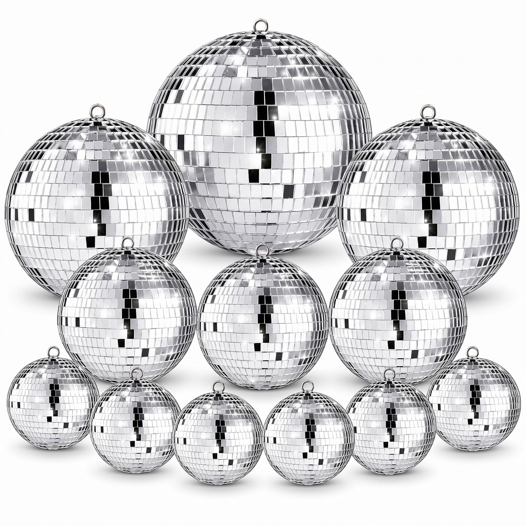 Libima 12 Pcs Silver Mirro Disco Ball Set, Multi Size, 8'', 6'', 4'', 3''