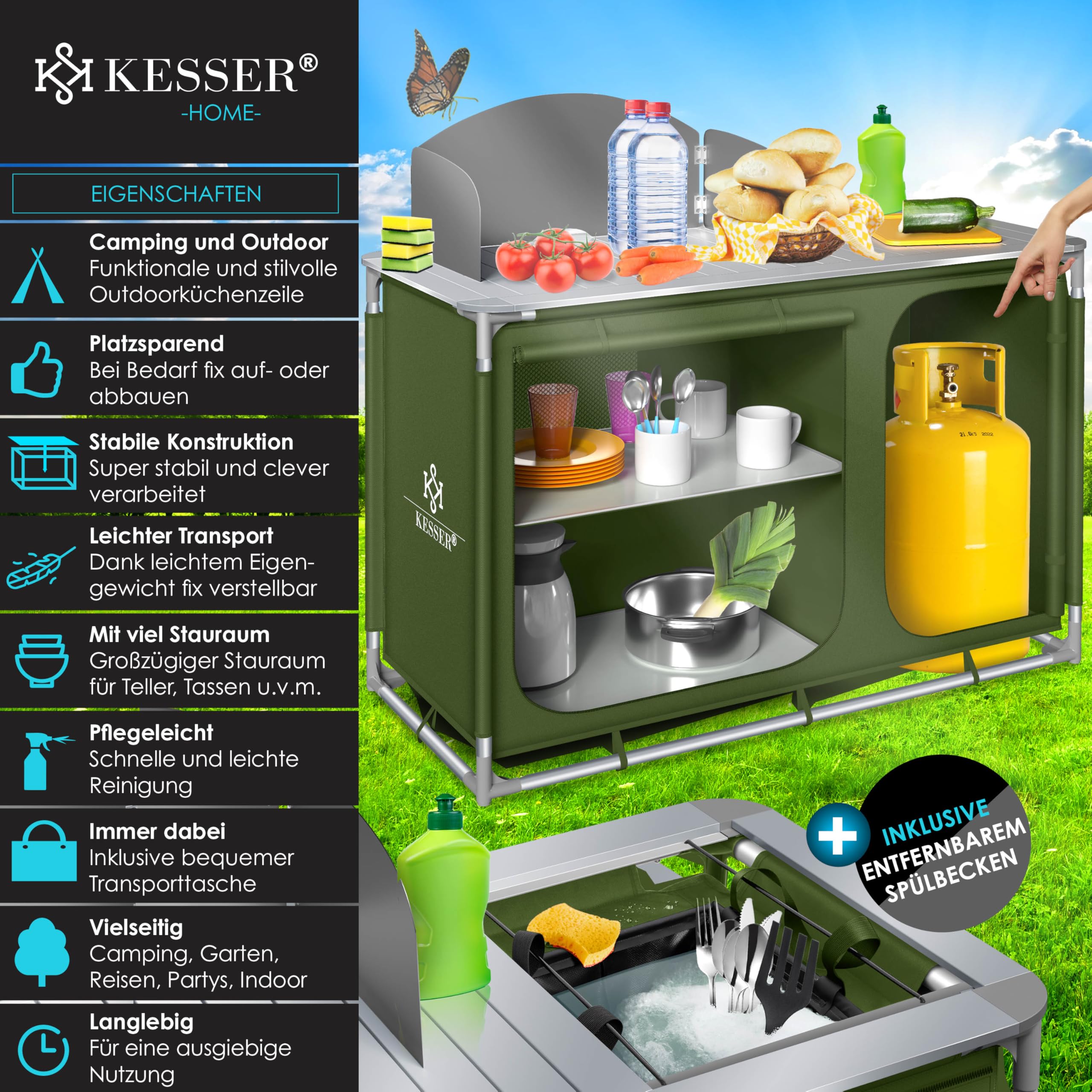 KESSER® Cuisine de camping | Avec sac de transport et set de tasses | Armoire de camping pliable | avec cadre en aluminium | Cuisine de voyage | Boîte de cuisine | Armoire de tente | Cuisine de