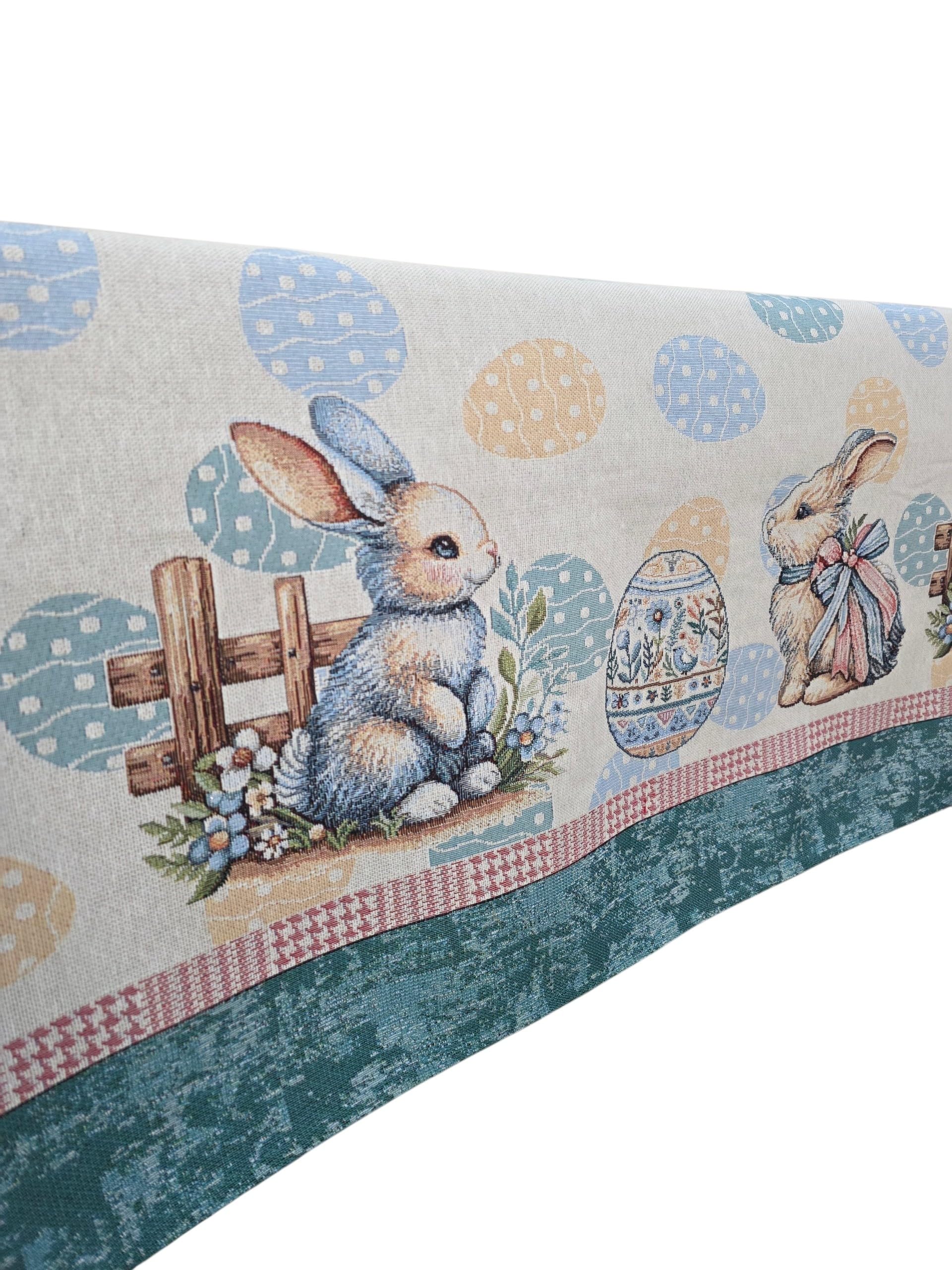 Generico Tovaglia, Copritavola Pasquale in Gobelin con Conigli, Fiori di Lavanda e Uova Colorate, Motivo Carretto con Fiori e Staccionata, Turchese, dimensione 140x180cm; 140x240cm (140x240cm)
