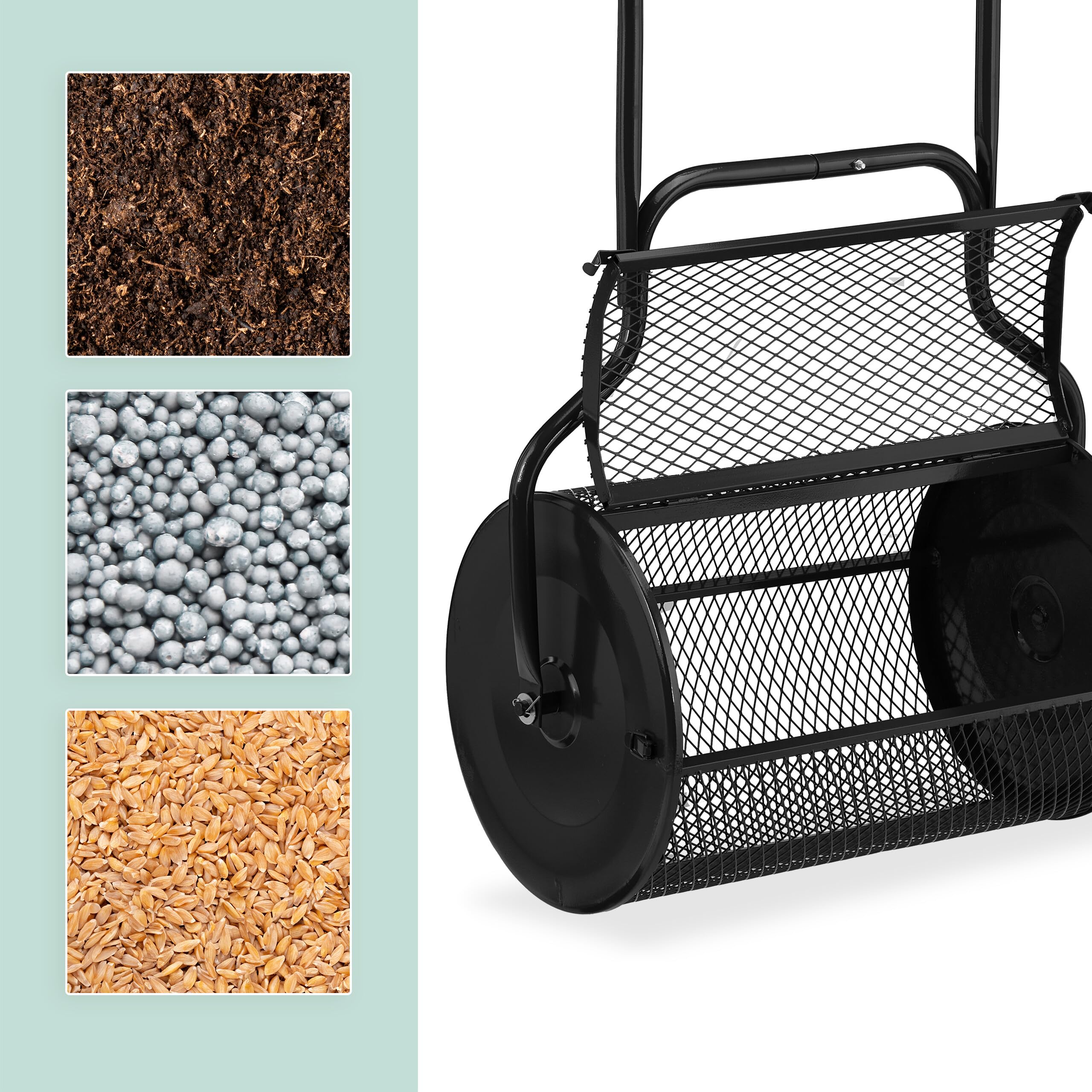 Relaxdays Esparcidor de Abono para Césped, Cesta de Rejilla 80 L, Dispensador Compost con Asa, 118 x 68 x 40 cm, Negro, Acero, Gomaespuma