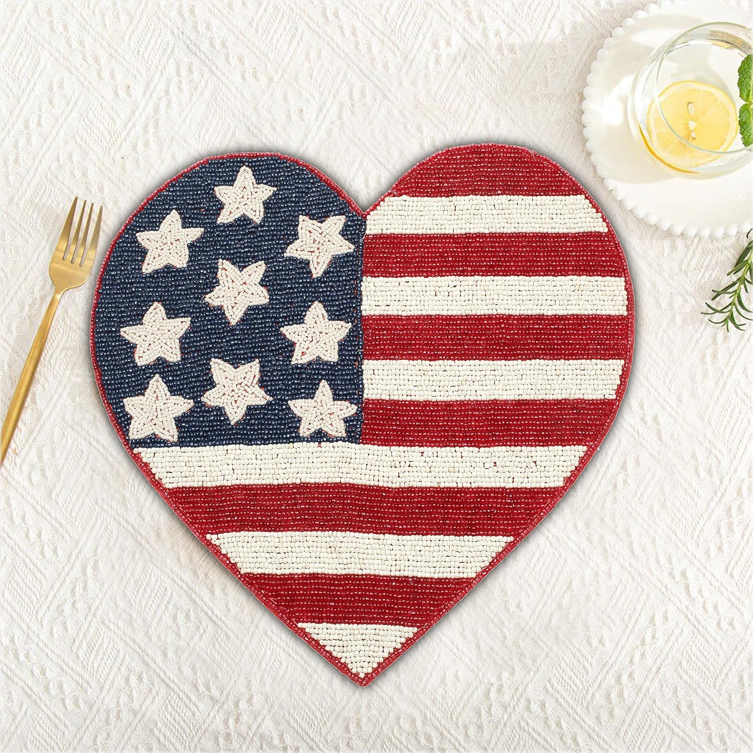Lightnpro Heart-Shaped Beaded Placemat Set of 2 - Handmade Charger Mat -Patriotic Table Decor for 4th of July, Independence Day, Memorial Day, Family Gathering, Summer Parties -13 Inch Red White Blue