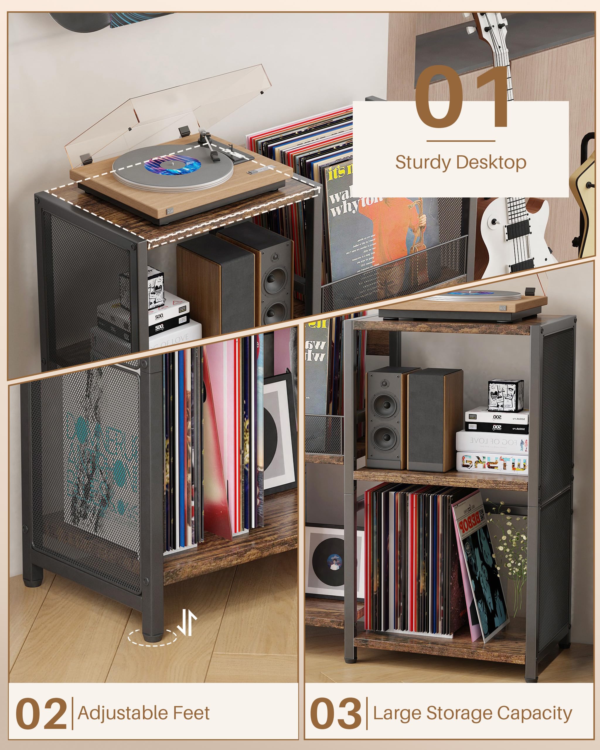 Meuble Platine Vinyle Vintage, Support pour 200 Albums, 3 Niveaux Métal Étagère de Rangement Disques pour Salon, Noir