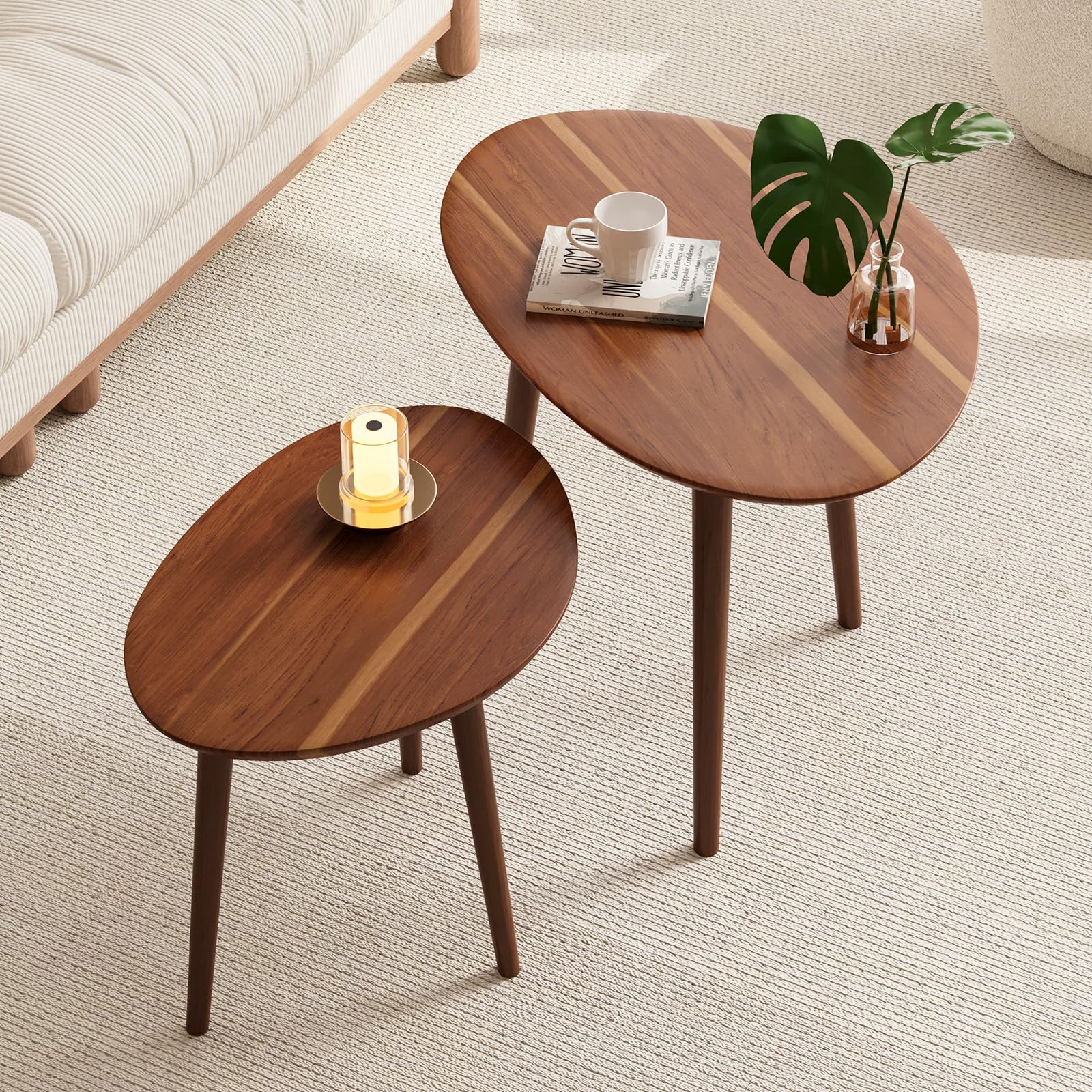 Semjar acacia tabletop oval nesting tables set in walnut tone