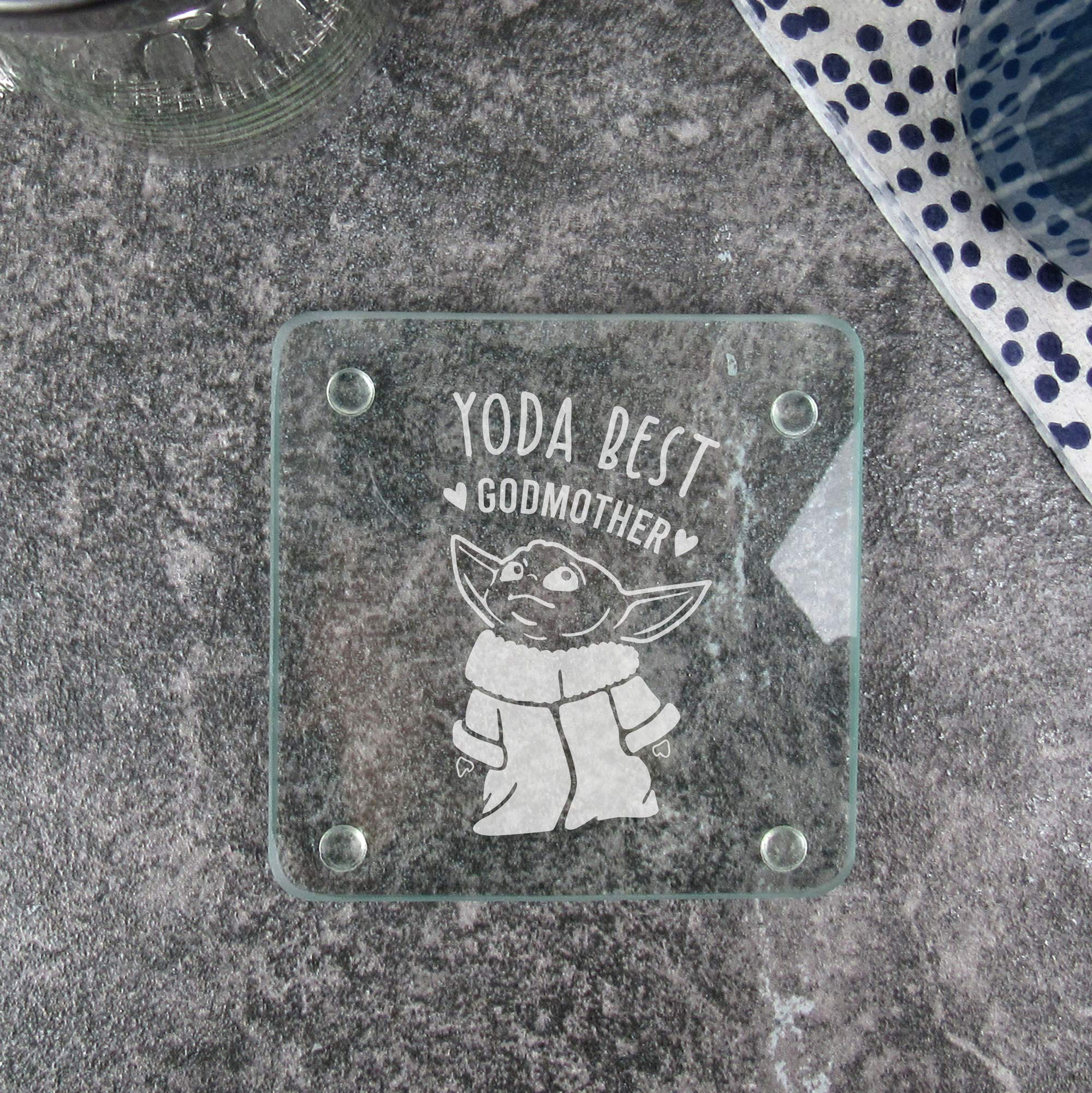 eBuyGB Personalised Square Glass Coaster, Engraved Baby Yoda Coaster, Star Wars Themed Drinks Mat, Funny Gifts for Godparents (Yoda Best Godmother)