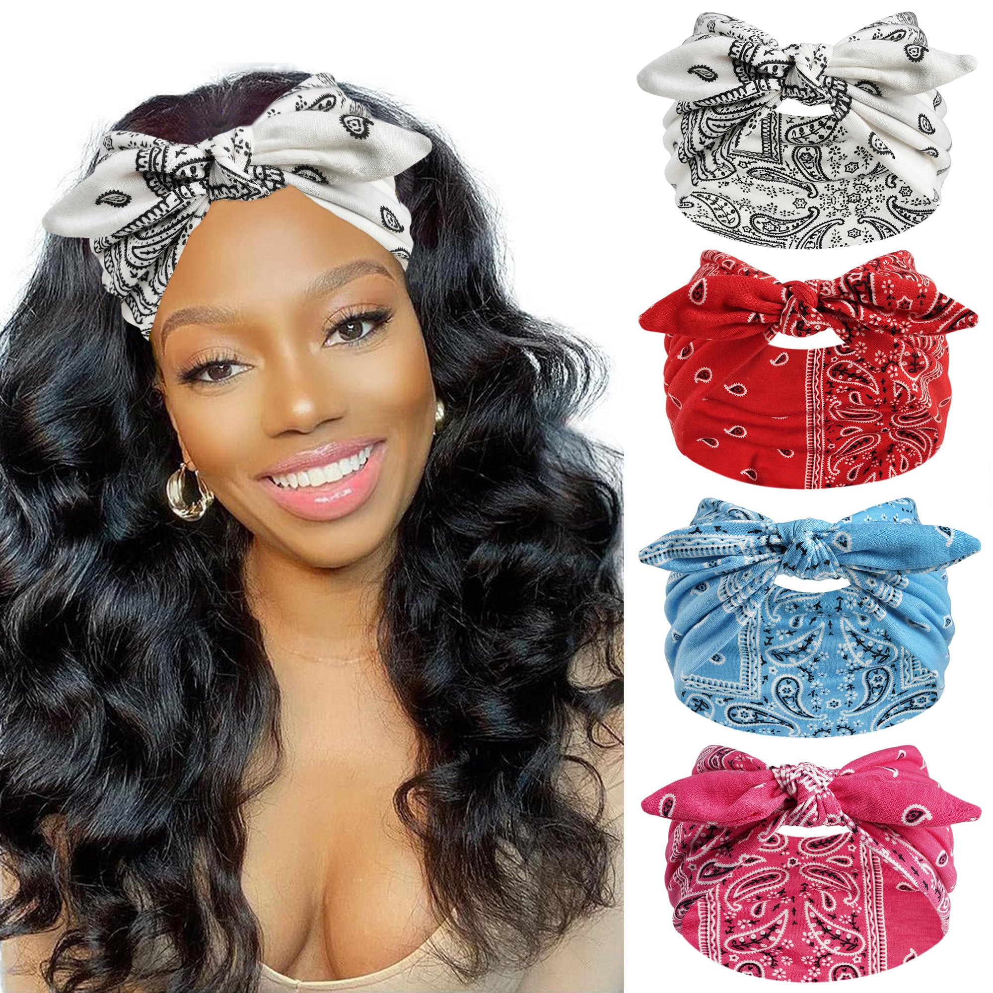 FULZTEY Bow Headbands for Women Wide Hairbands Vintage Large Headwrap Elastic Non Slip Workout Sports Head Band Knotted Thick Turban Cotton Bandanas