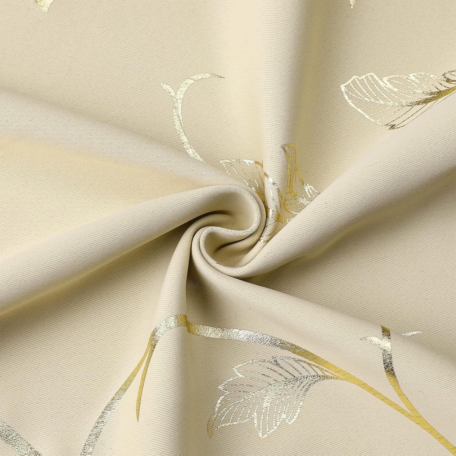 BUHUA Blackout Curtains Gold Foil Print Flower Vine Grommet Drapes, Room Darkening Thermal Insulated Curtains, Noise Reducing Blackout Curtain for Bedroom, Beige, 38Wx72L, 2 Panels