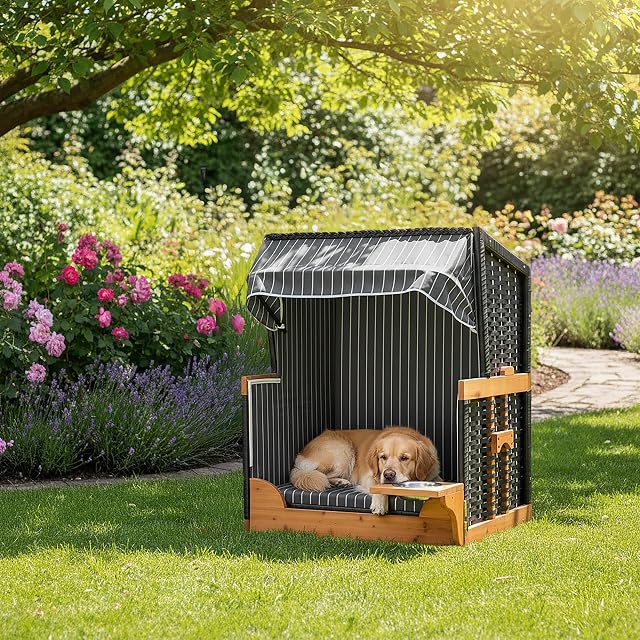 Foto 2 de 7 de Relaxdays Silla Playera Perros, ratán, con comedero, sillón con Dosel, HBT:95x75x65 cm jardín/terraza, Madera