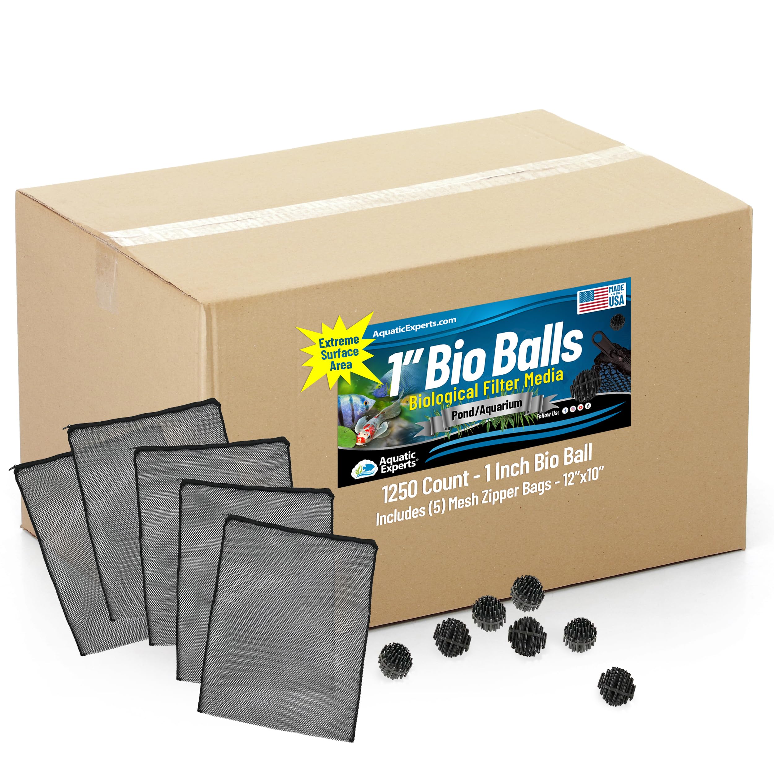 Aquatic Experts 1" Small Bio Balls for Aquariums &amp; Small Ponds – Biological Filter Media for Canister Filters, Sumps &amp; Wet/Dry Systems, Made in USA (1250 Count + Five 10" x 12" Mesh Bags)