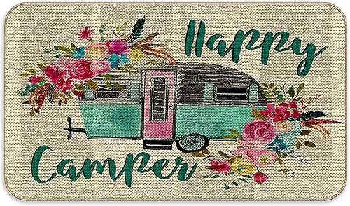 Happy Camper - Tapete vintage para puerta de entrada de campamento, 17 x 30 pulgadas, decoración de puerta de entrada de caravana, alfombra de