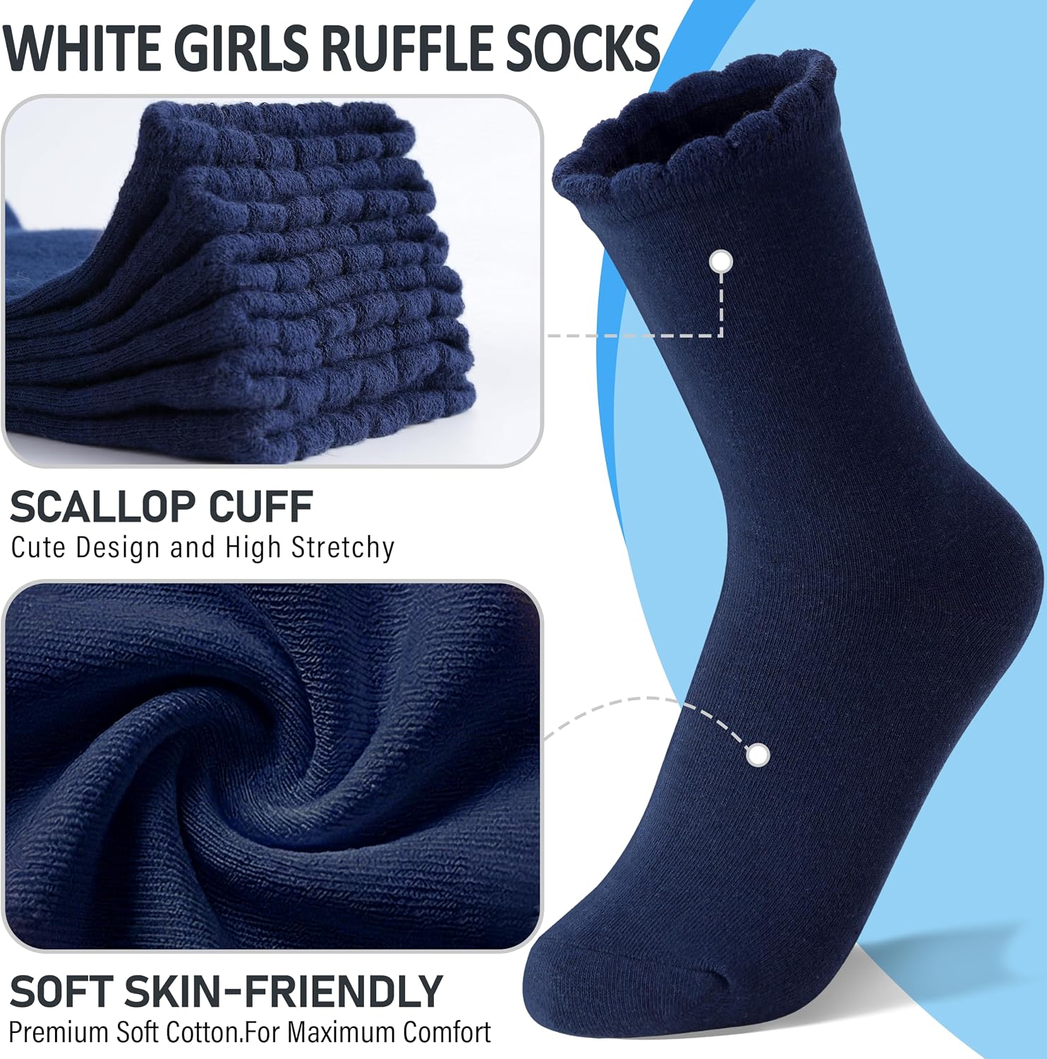MOGGEI Girls Kids Ruffle Cotton Socks for School Uniform, 6 Pairs