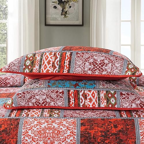 Miniatura 4 de HoneiLife Juego de edredón de tamaño King, colchas de algodón de 3 piezas, colcha retro, colcha ligera, juego de ropa de cama cálida para todas las