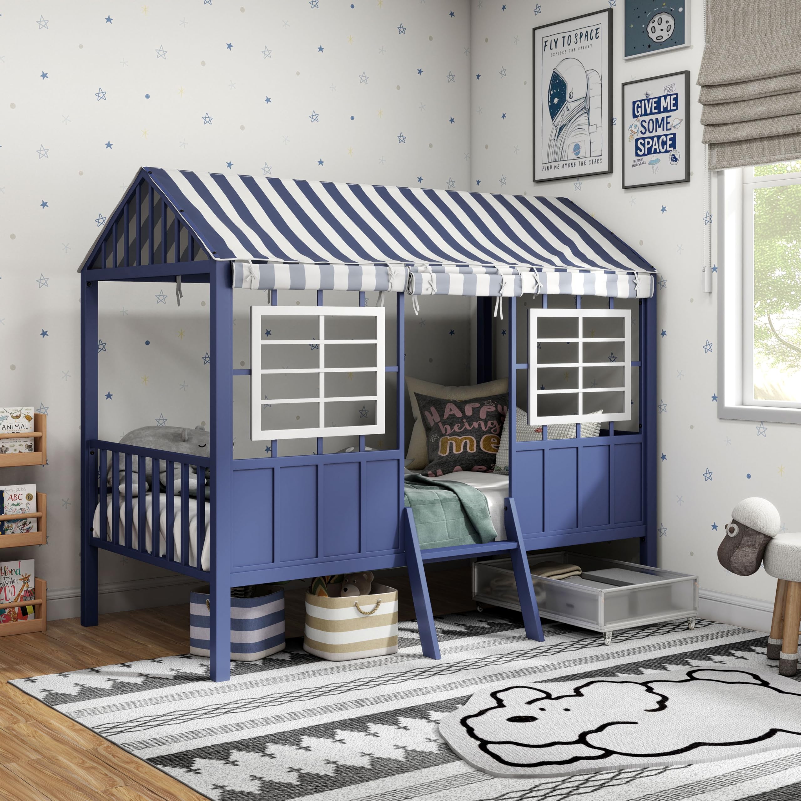 Furniture of America Forest Modern Metal Twin Canopy Bed Frame with Roll-up Curtains, Window, Rails and Checker-Box Frame, House Bedframe for Bedroom, No Box Spring Needed, Blue/White