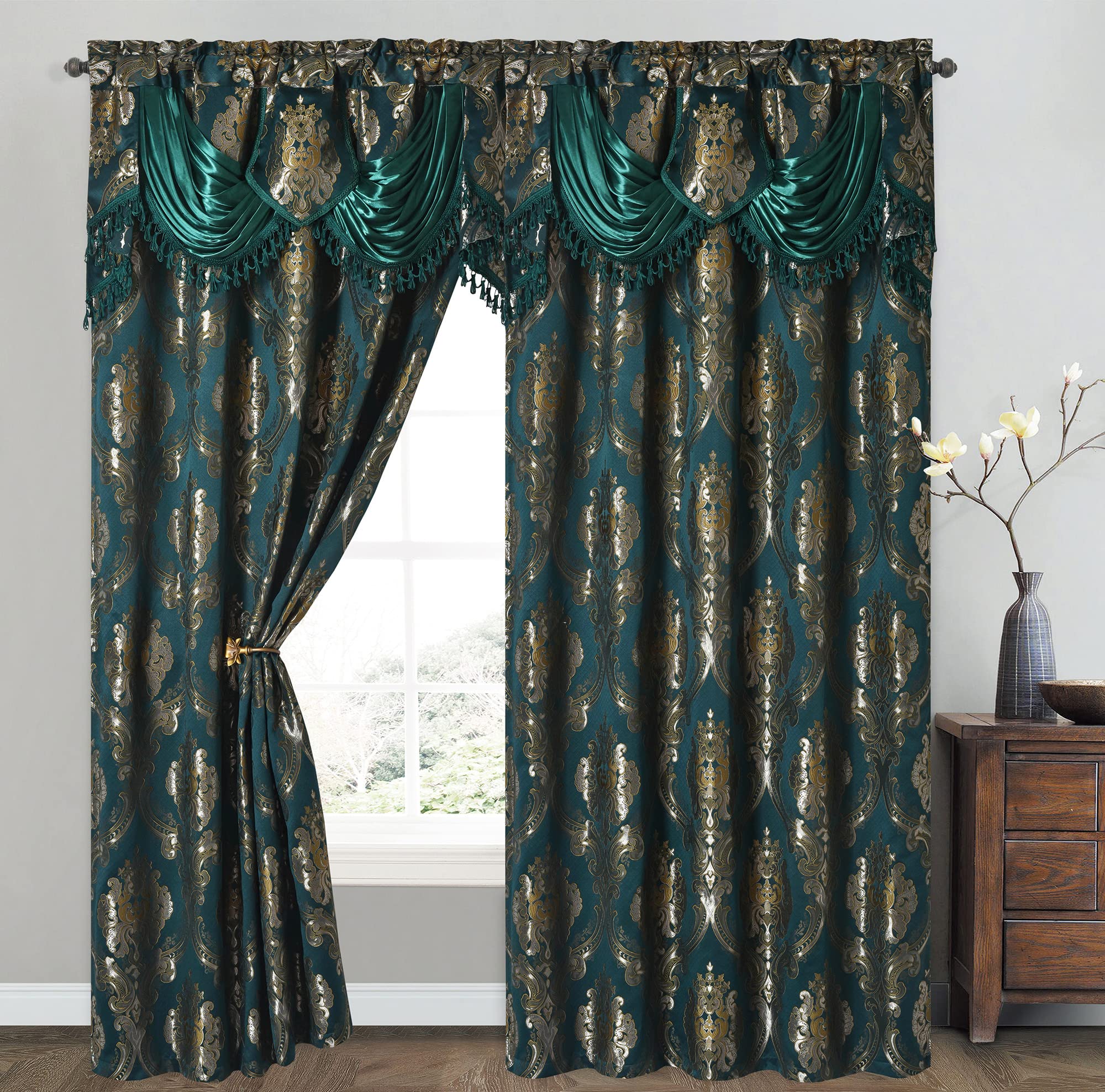 GOHD Luxe Love Jacquard-Fenstervorhang mit angenähtem ausgefallenem Volant, 2-teiliges Set (Huntergrün, 137,2 cm breit x 213,4 cm lang, mit 45,7 cm Volant, 2 Stück)